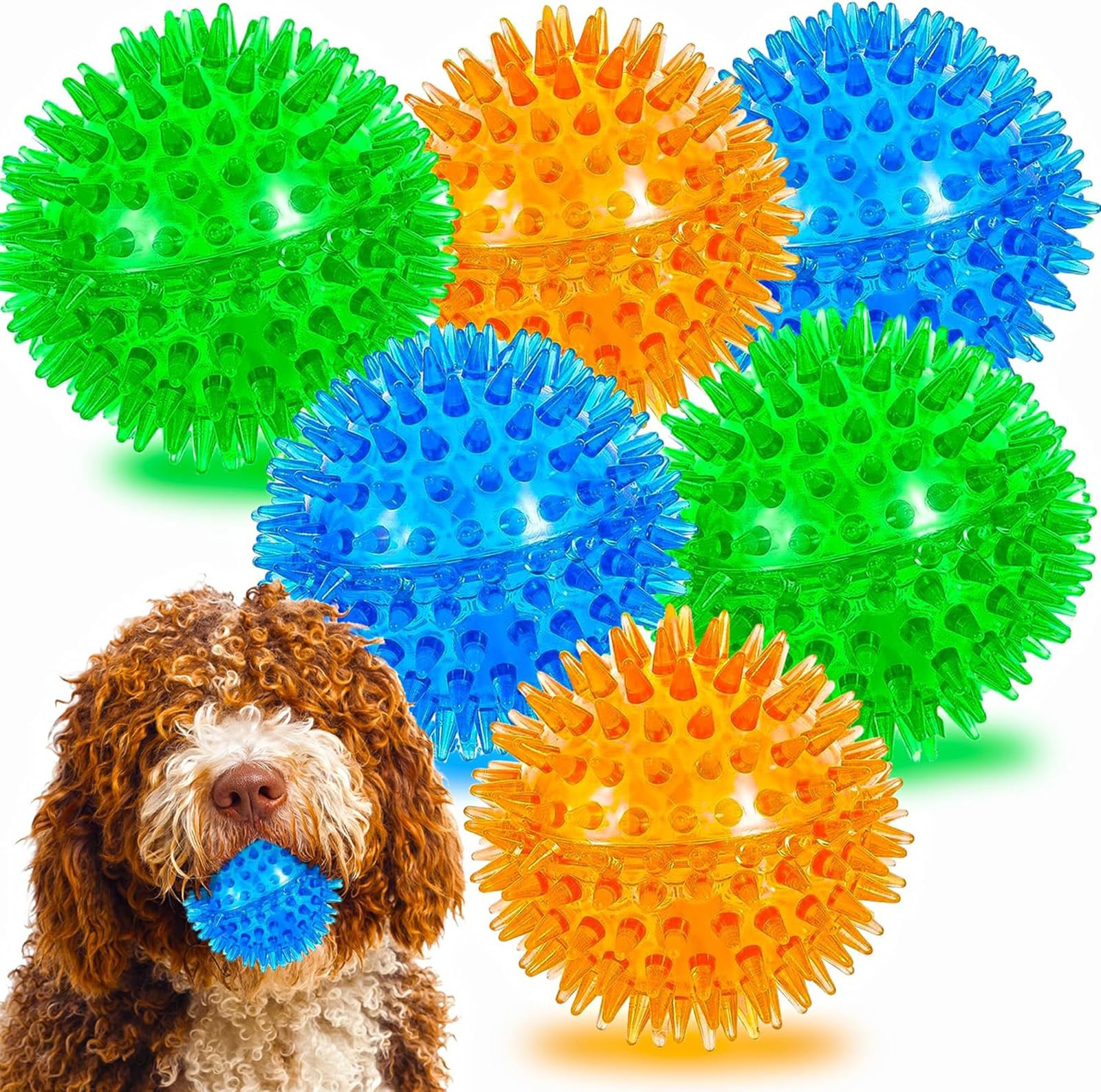 LECHONG Squeaky Dog Toys - Spiky Dog Balls for Dental Health - Synthetic Rubber - Size S - 6 Pack