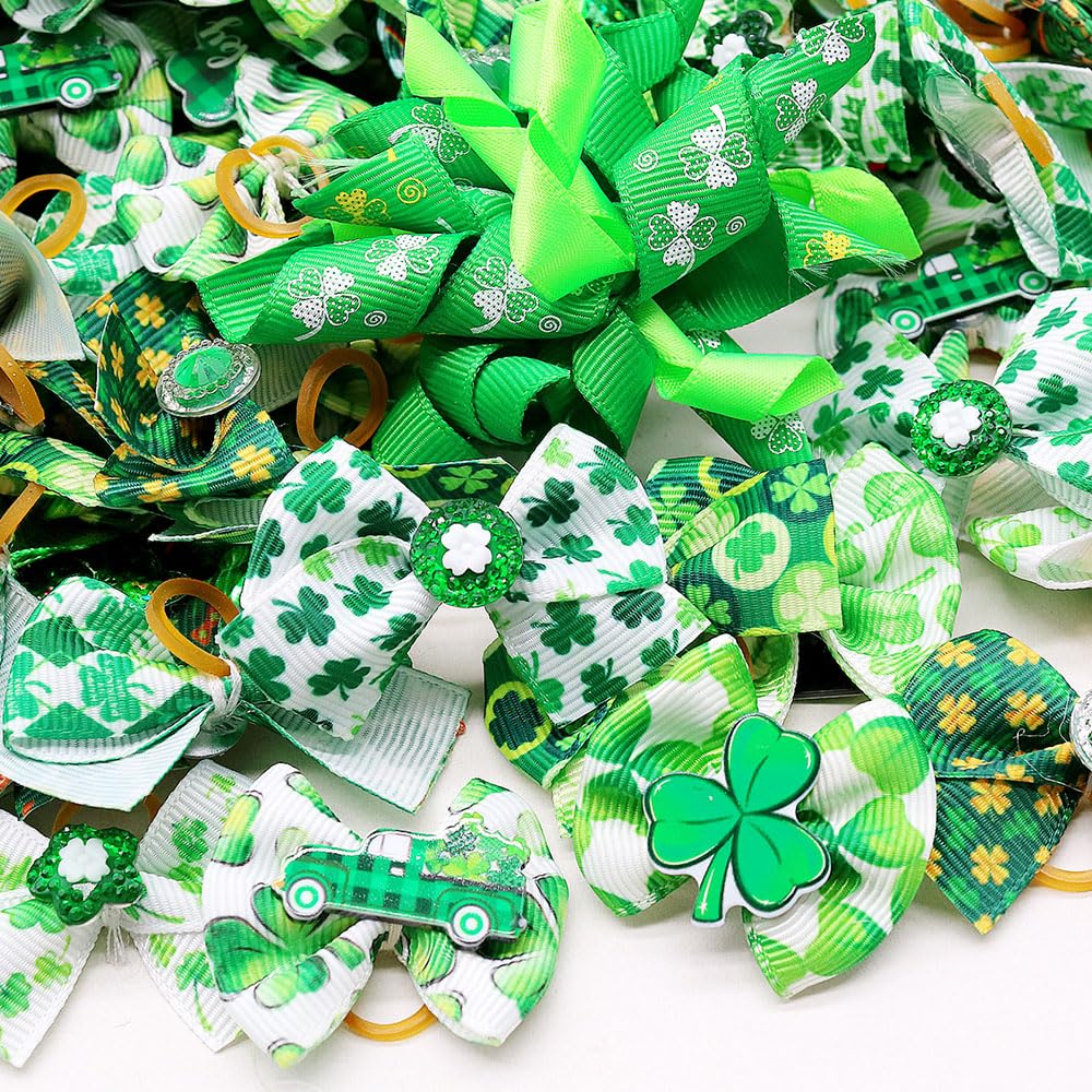 Senniea 60Pcs St. Patrick'S Day Pet Dog Bow And Flower Bow Set Bowknot Dog Hair Bows With Rubber Bands For Festive Fun, Shamrock
