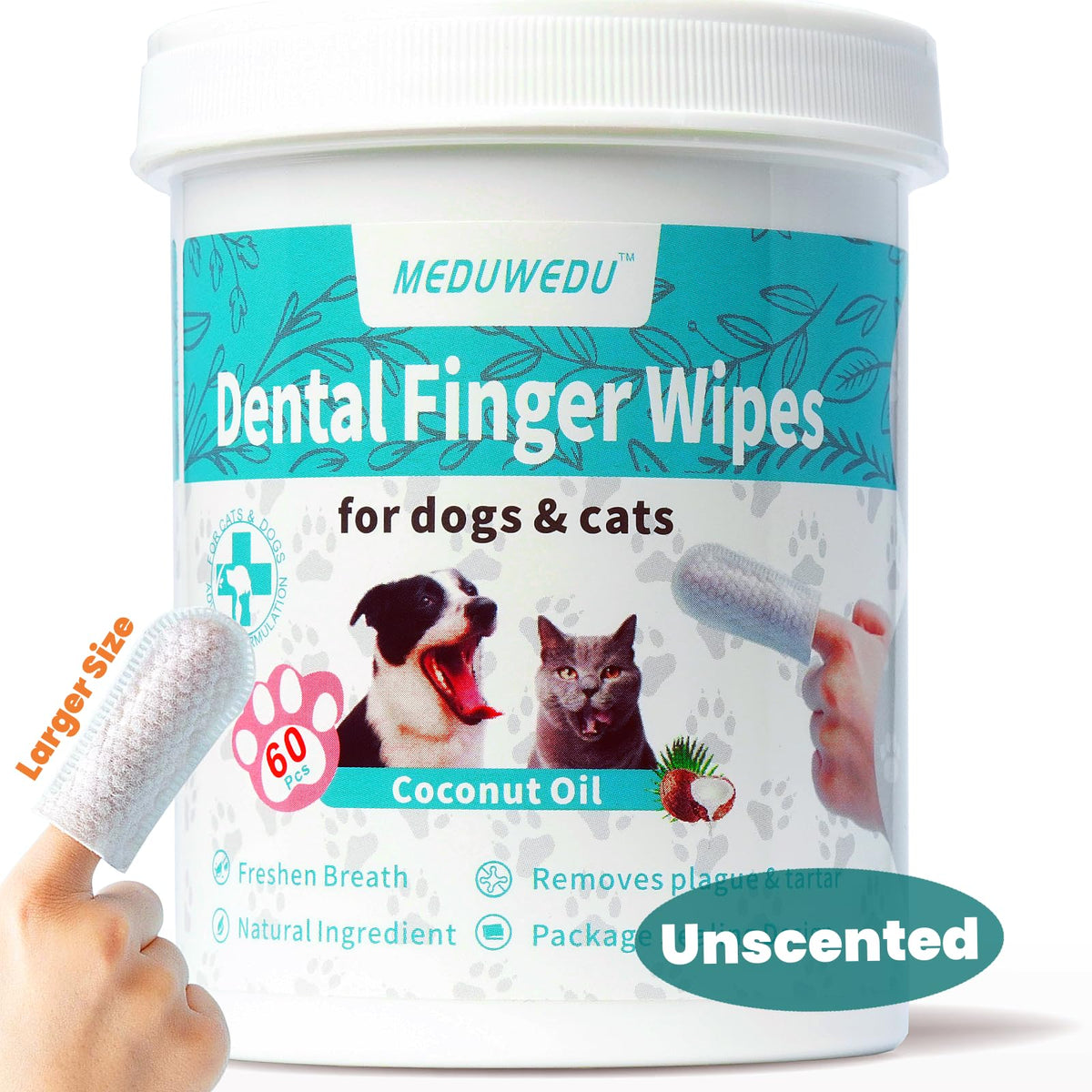 Meduwedu Wider Dental Care Finger Wipes 60 Counts,Teeth Cleaning Finger Wipes For Dogs & Cats,Reduces Plaque & Supports Oral Freshness,Unscented