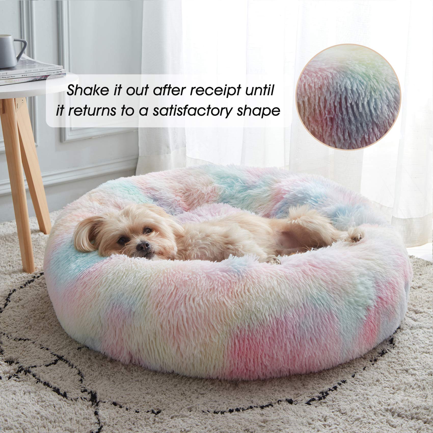 Calming Dog Bed & Cat Bed, Anti-Anxiety Donut Dog Cuddler Bed, Warming Cozy Soft Dog Round Bed, Fluffy Faux Fur Plush Dog Cat Cu