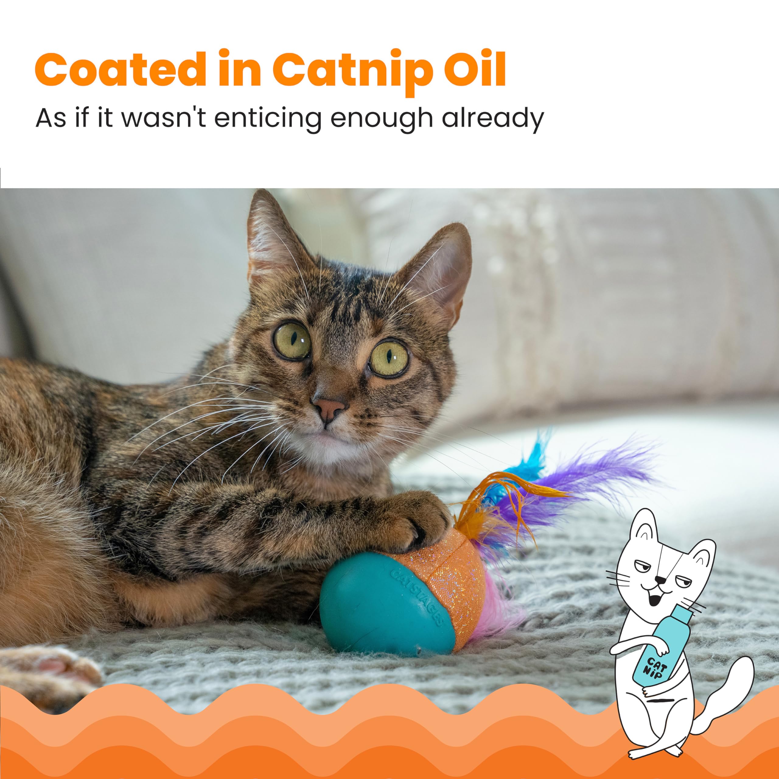 Catstages Whack N’ Wobble Ball Interactive Cat Toy Catnip Coated Wobble Ball With Feathers And Bells, Turquoise