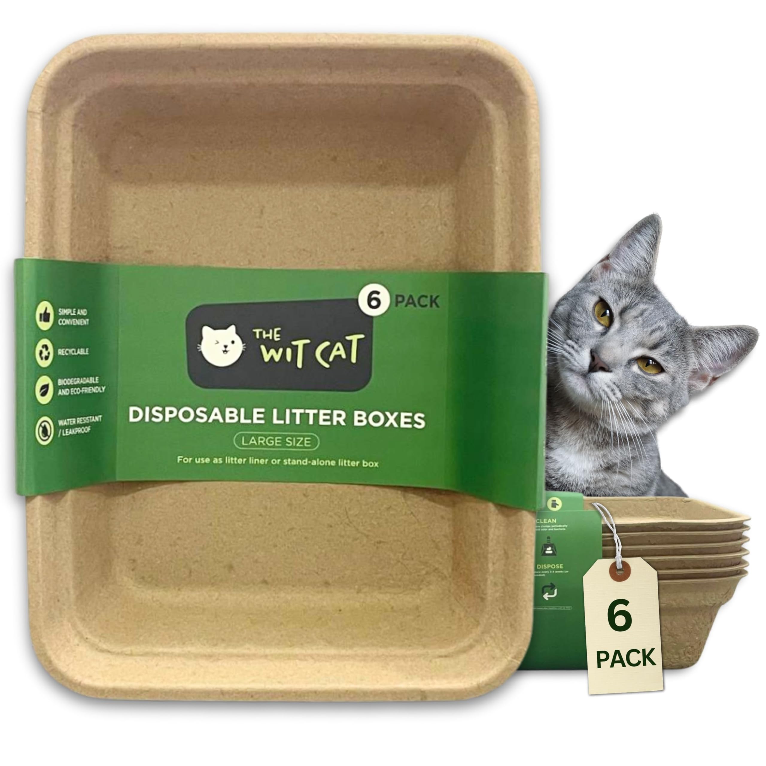 Disposable Litter Boxes For Cats | 6-Pack, Large Size | Rigid, Sturdy And Leakproof | Practical And Sustainable Liner Or Stand-A