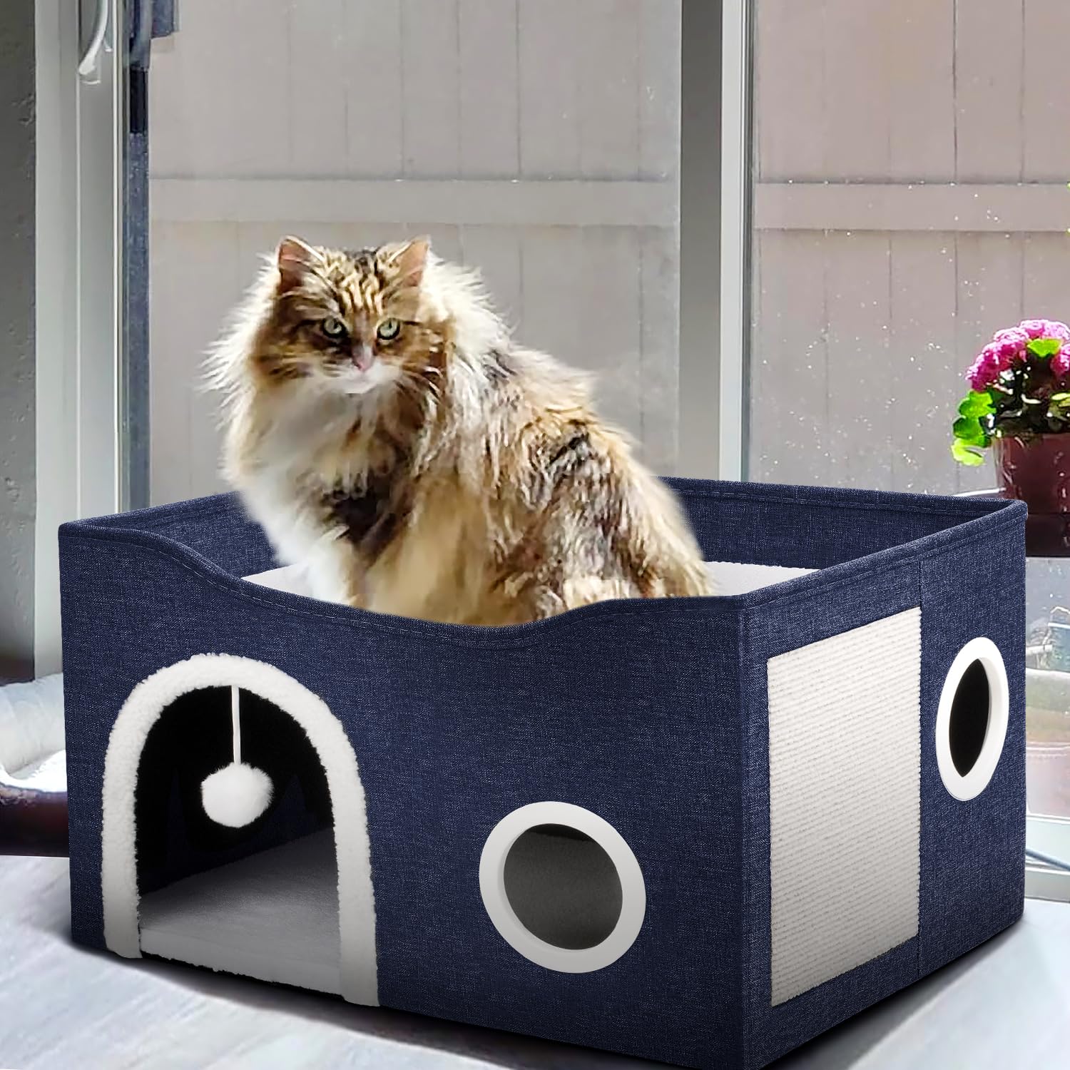 Heeyoo Cat House For Indoor Cats - Large Cat Bed Cave With Fluffy Ball And Scratch Pad, Foldable Cat Houses & Condos, Cat Cubes,