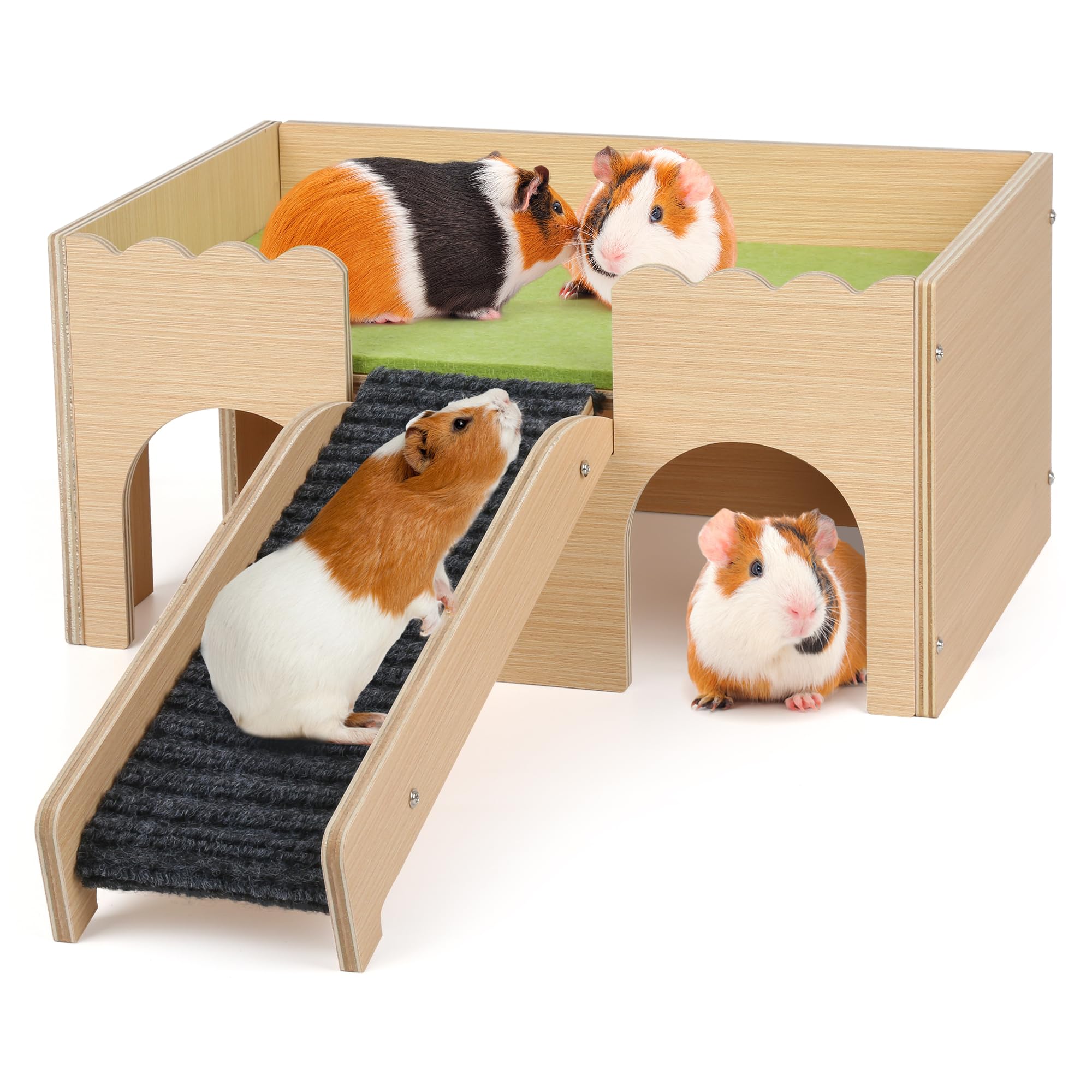 Wooden Guinea Pig Hideout Castle With Stairs,Small Animal Bed Hut Habitats Spacious 2-Level Detachable Small Pet House For Rabbi