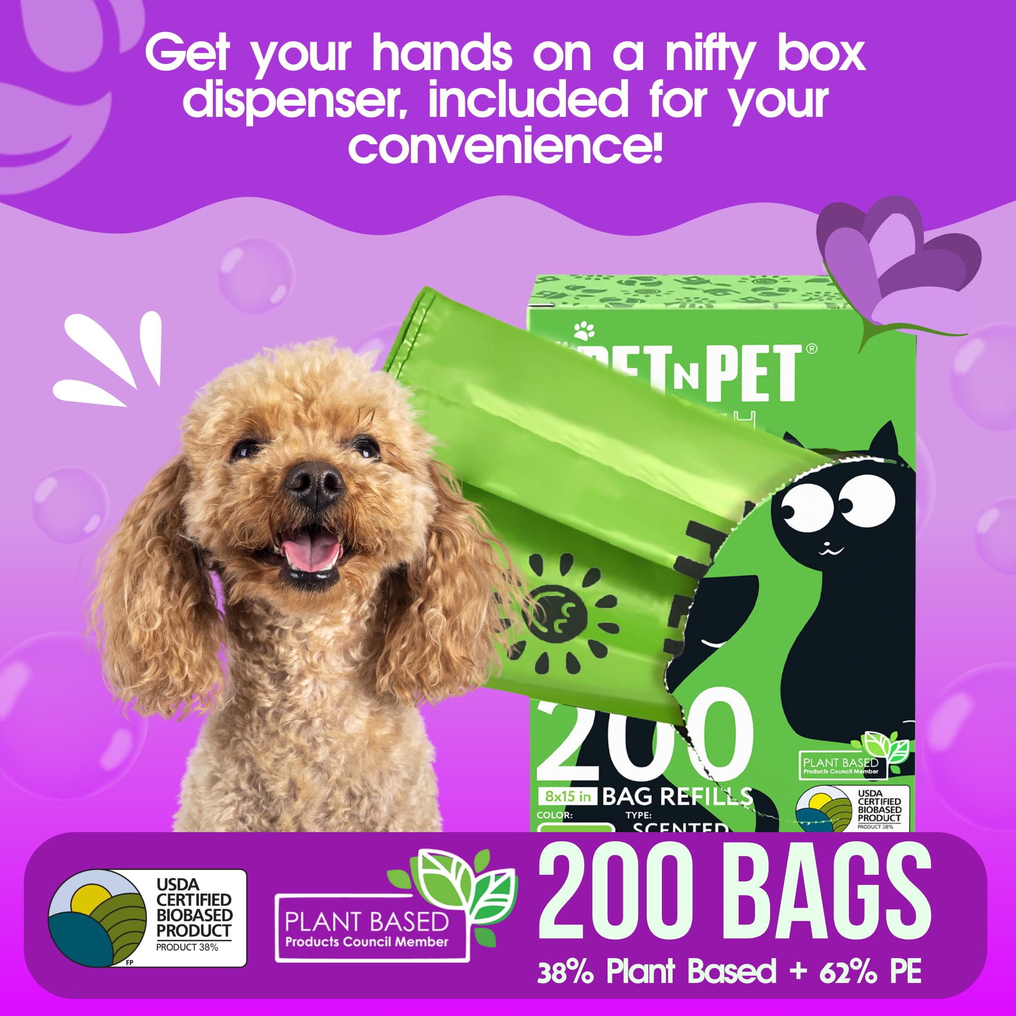 Pet N Pet Dog Poop Bag Scented, Lavender Dog Poop Bags Refills, Dog Bags For Poop With Tie Handles, 200 Counts Dog Waste Bags Usda Certified 38% Biobased Doggie Poop Bags