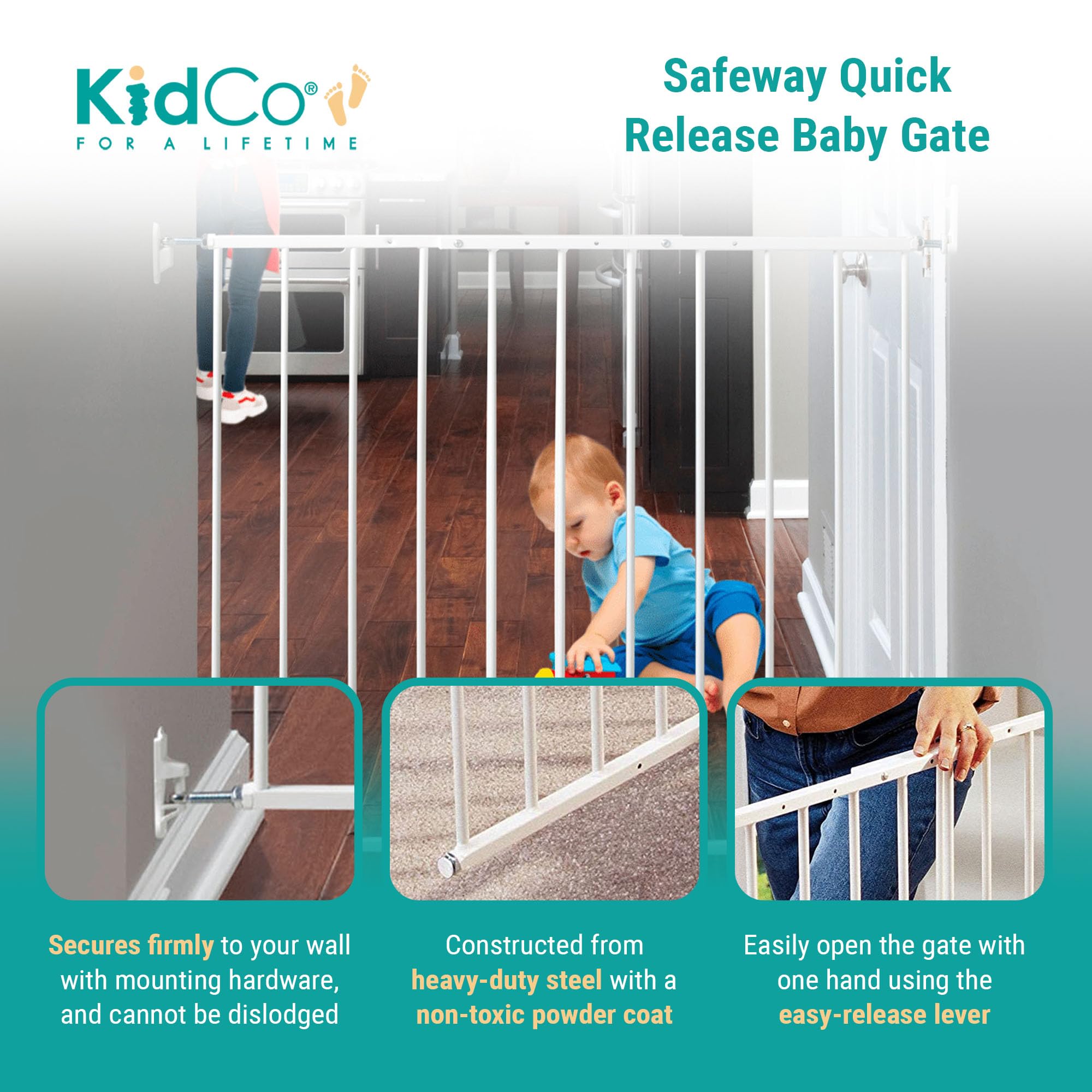 KidCo G2000 Safeway Baby Gate for Stairs, Quick Release, Metal, 24.75-42.5"W x 30.5"H, White
