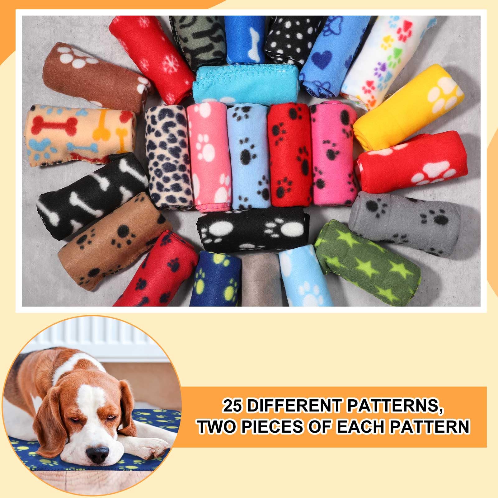 Preboun 50 Pack Puppy Blanket, Small 24x28 Inch Fleece Sleep Mat, Paw Print Design, 25 Styles, Soft for Dogs, Cats, and Small Pets