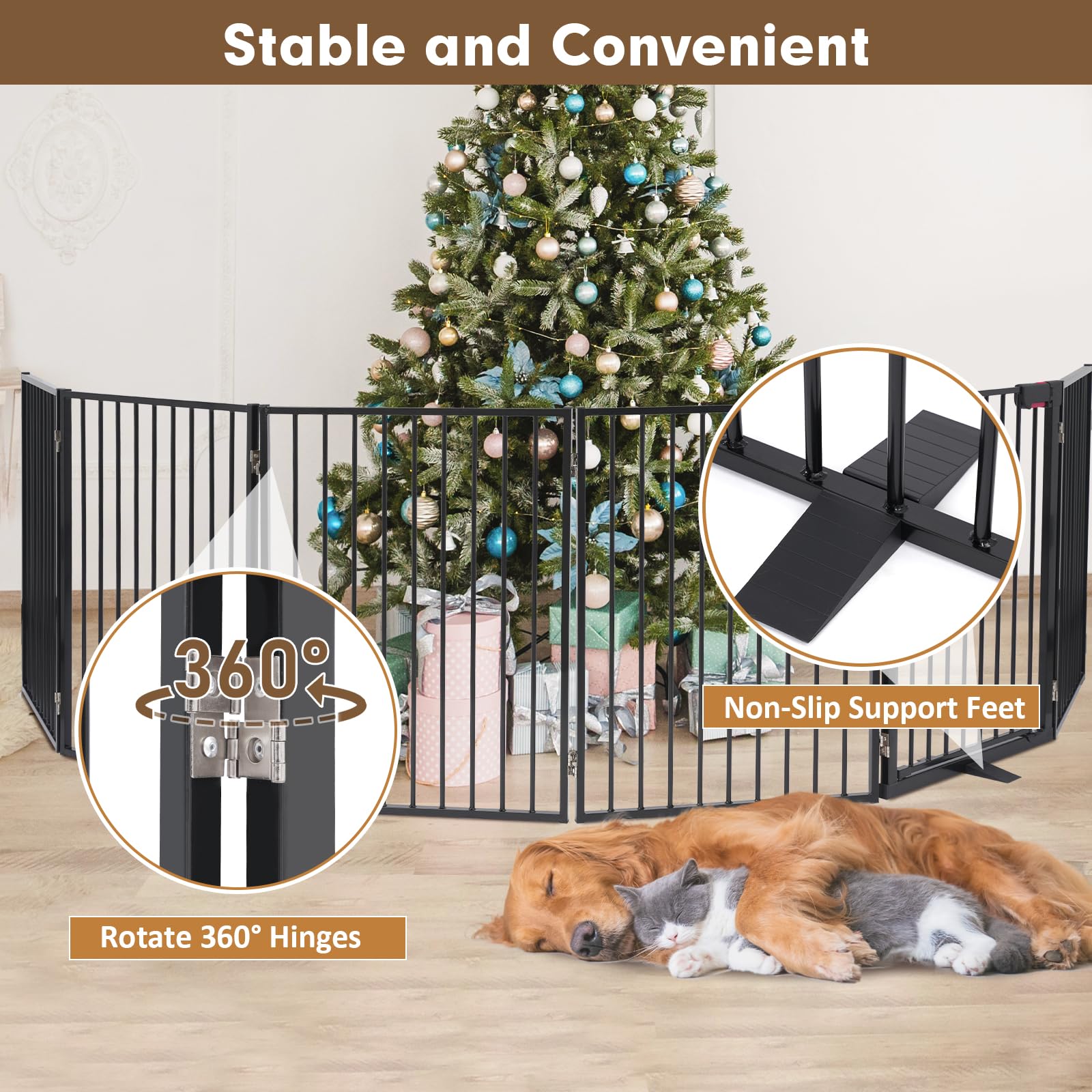Metal Freestanding Dog Gates With Door,Extra Wide 24'', 32'' Height Foldable Dog Fence For Indoor & Outdoor, Heavy Duty Freestan