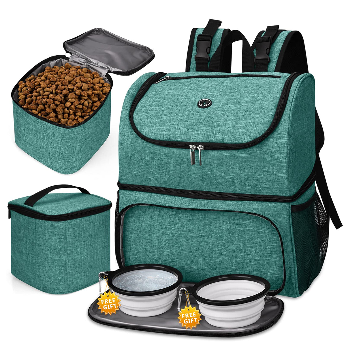 Baglher Pet Travel Bag, Double-Layer Pet Supplies Backpack (For All Pet Travel Supplies), Pet Travel Backpack With 2 Silicone Collapsible Bowls And 2 Food Baskets Green