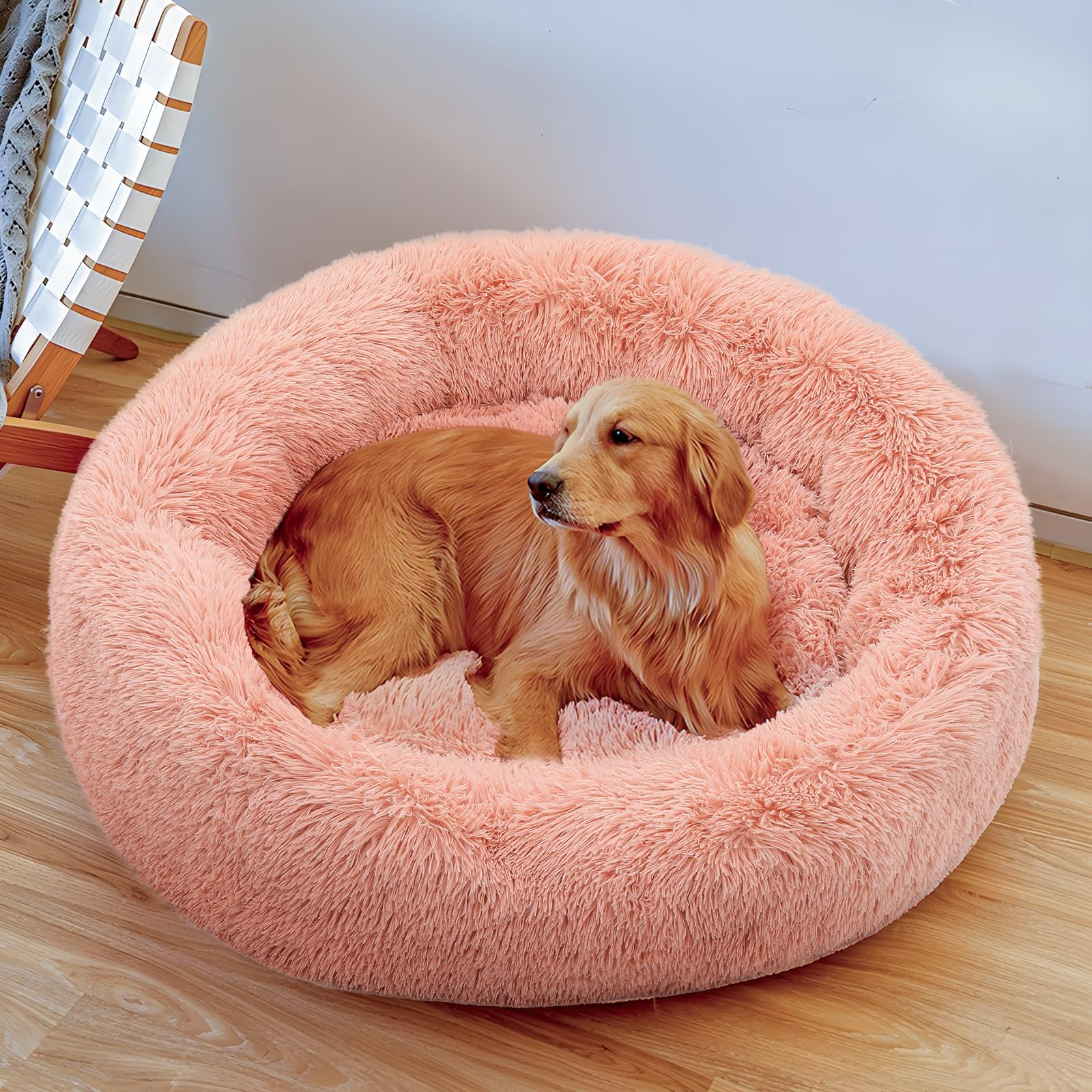 Magshion Long Plush Calming Dog Beds For Large Dogs, Comfy Cuddler Donut Cat Beds For Indoor Cats, Machine Washable & Non-Slip B
