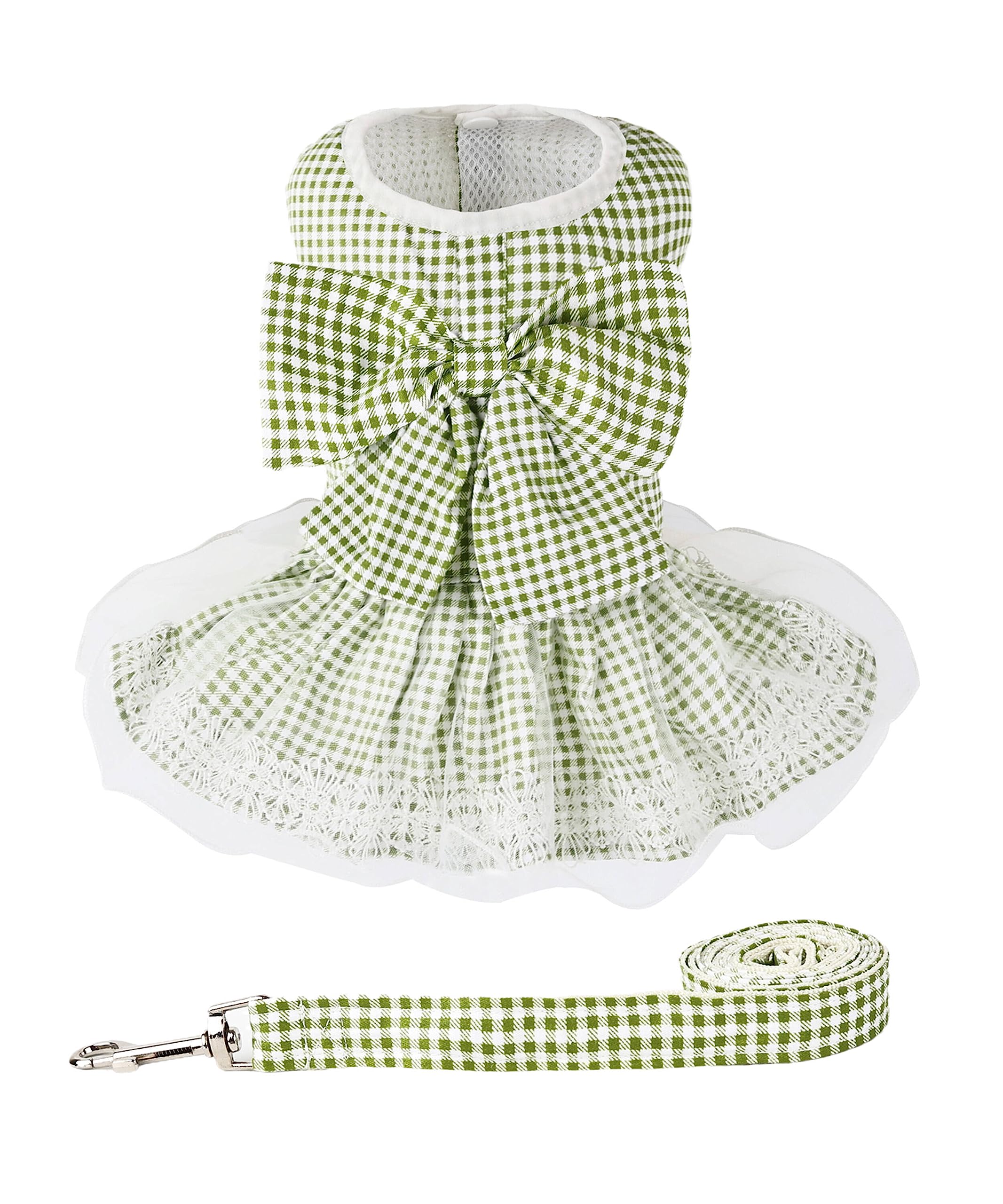 Dog Dress Plaid With Bowknot Cute Dress For Small Dog Cat Puppy Outfits With Harness Leash( Green