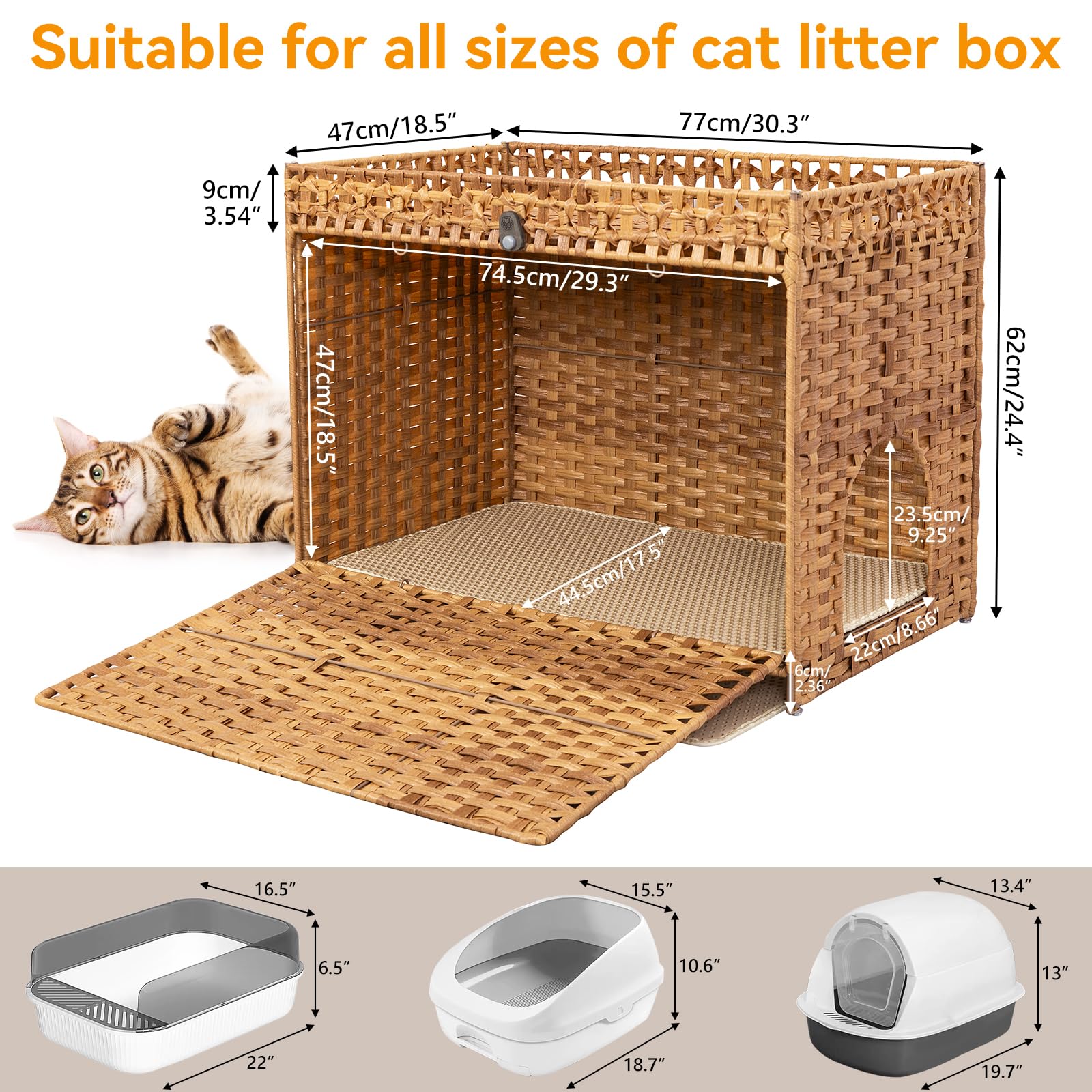 Cat Litter Box Enclosure Furniture Hidden With Soft Mat,Handwoven Rattan Cat House With Door For Large Cats Stylish Hidden Washr