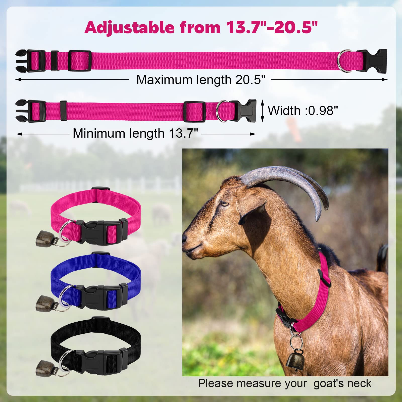 GINDOOR Goat Collars with Bell, 3 Pack Adjustable Sheep Collars with Quick Release Buckle Anti-Loss Bell, Durable Nylon pet Coll