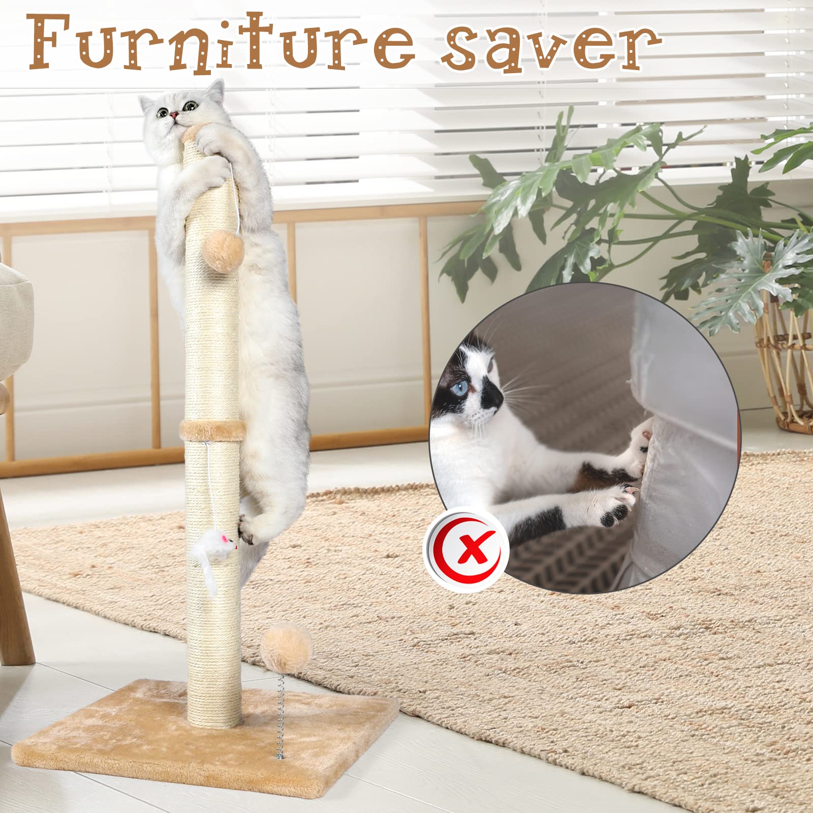 Anwa 32' Tall Cat Scratching Posts For Indoor Cats, 3-In-1 Cat Scratching Post With Plush Toys, Premium Sisal Post For Cats At All Ages With Reinforced Stable Base