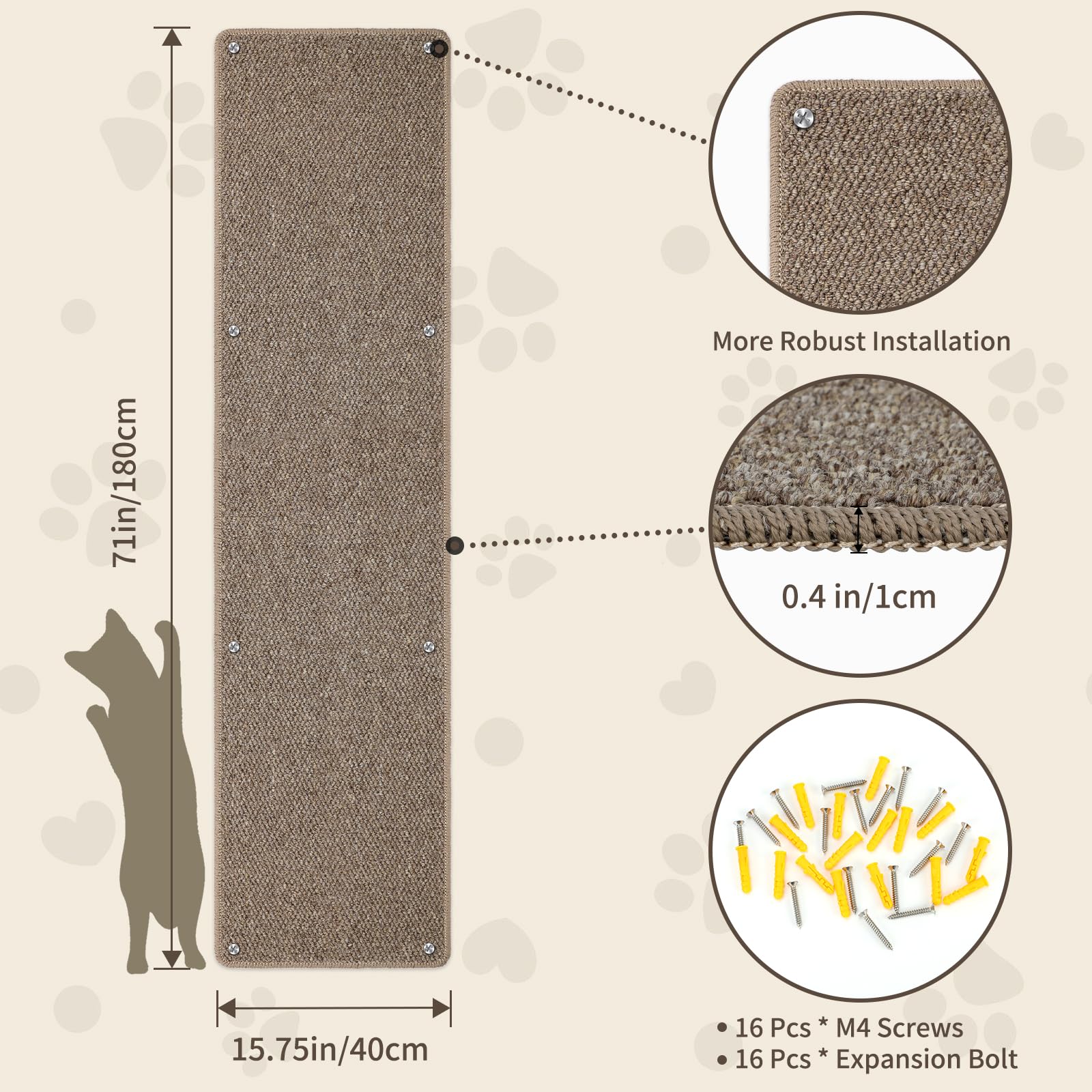 Fhtonge 71X15.8 Thickened Cat Wall Climbing Carpet With 16 Fixed Nails, Extra Large Tall Cat Scratch Pad For Wall, Wall Mounted