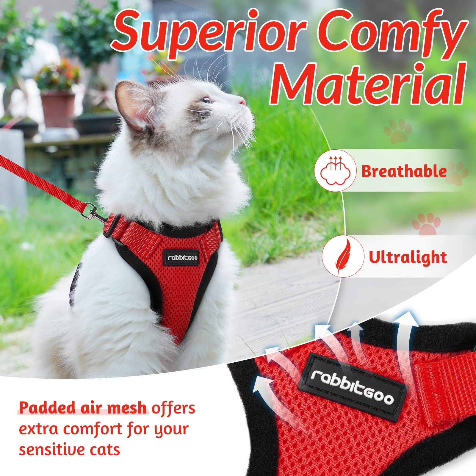 Rabbitgoo Cat Harness And Leash For Walking, Escape Proof Soft Adjustable Vest Harnesses For Cats, Easy Control Breathable Reflective Strips Jacket, Red, M