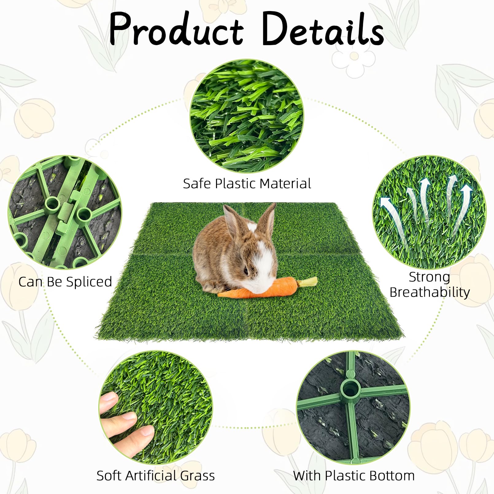 Hamiledyi 4 Pcs Artificial Rabbit Grass Mats Reusable Guinea Pig Pee Pads 11.8'' X 11.8'' Washable Turf Fake Grass Plastic Bunny