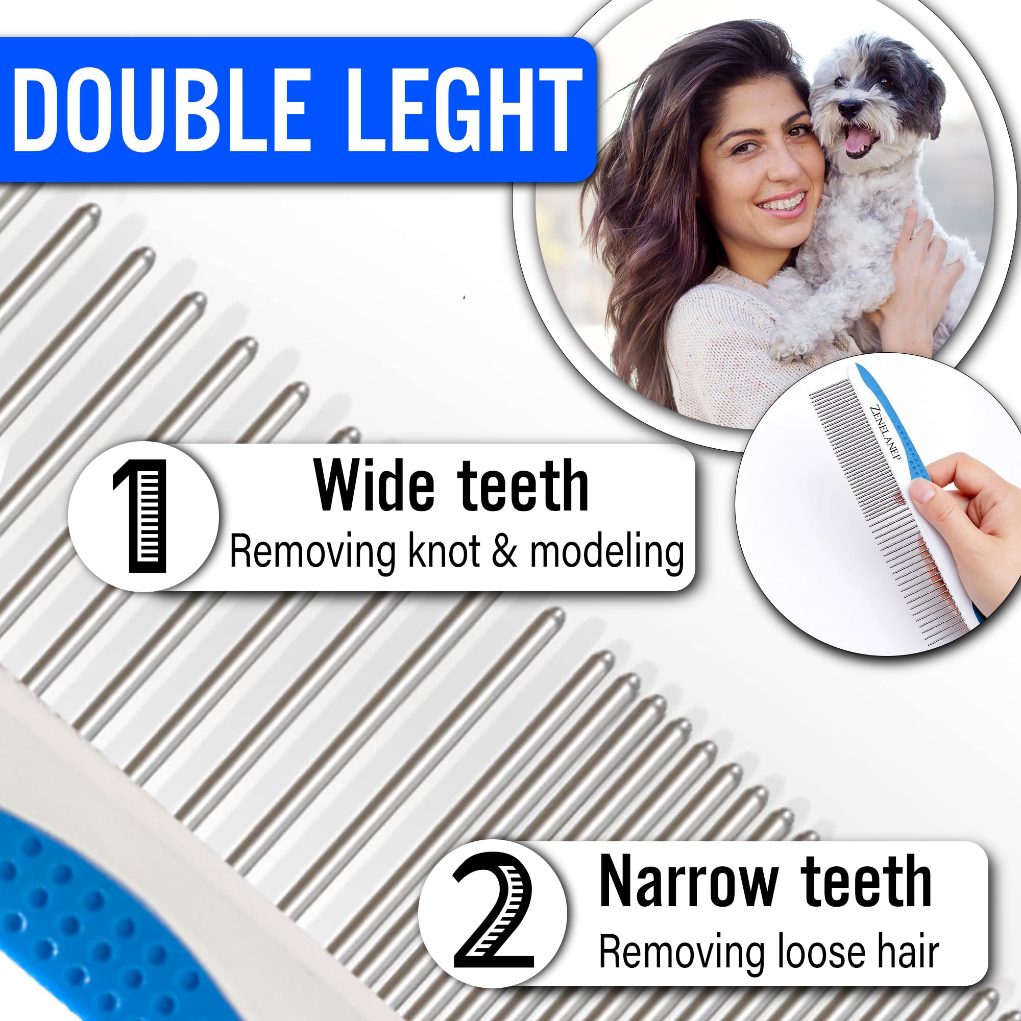 Zenelanep Dog Grooming Comb For Matting - Metal Dematting Comb With Stainless Steel Teeth & Non-Slip Handle (Style 1)