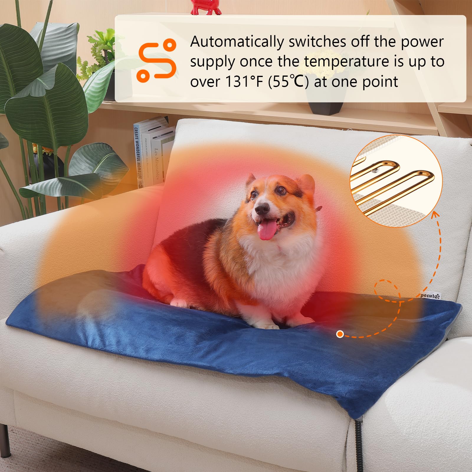 Pecute Cat Heating Pad Indoor - 6 Adjustable Temperature With Timer, Dual-Resistant Cable, Waterproof Layer, Heated Bed Mat Blan