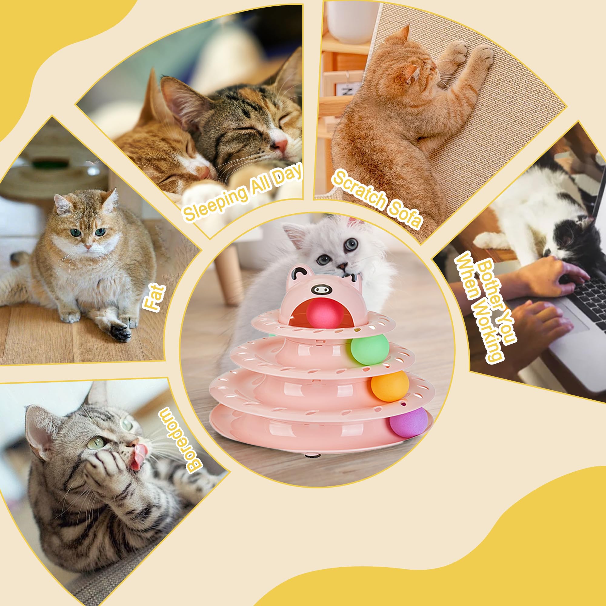 Gefryco Cat Toys 4-Tier Roller Track, Turntable Cat Tower Toy with Colorful Chase Balls, Multi-Level Interactive Cat Toys for Bo