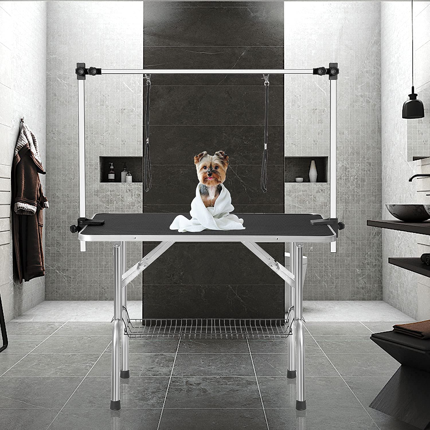 Professional Adjustable Pet Grooming Table Heavy Duty With Arm & Noose & Mesh Tray For Large Dog Cat Shower Table Bath Station,