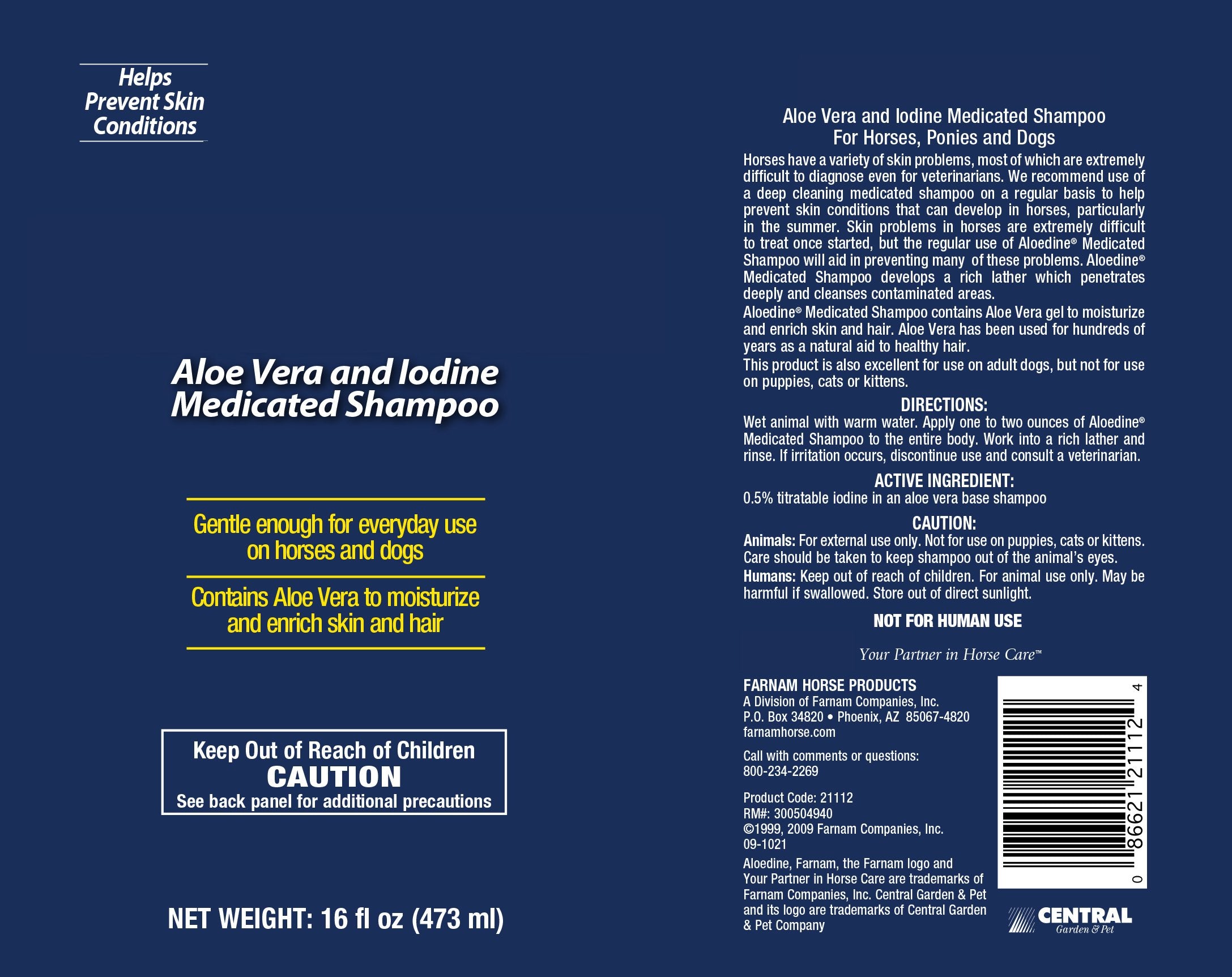 Farnam Medicated Shampoo With Aloe Vera And Iodine | Moisturizing And Gentle | For Horses, Ponies And Dogs | 16 Oz