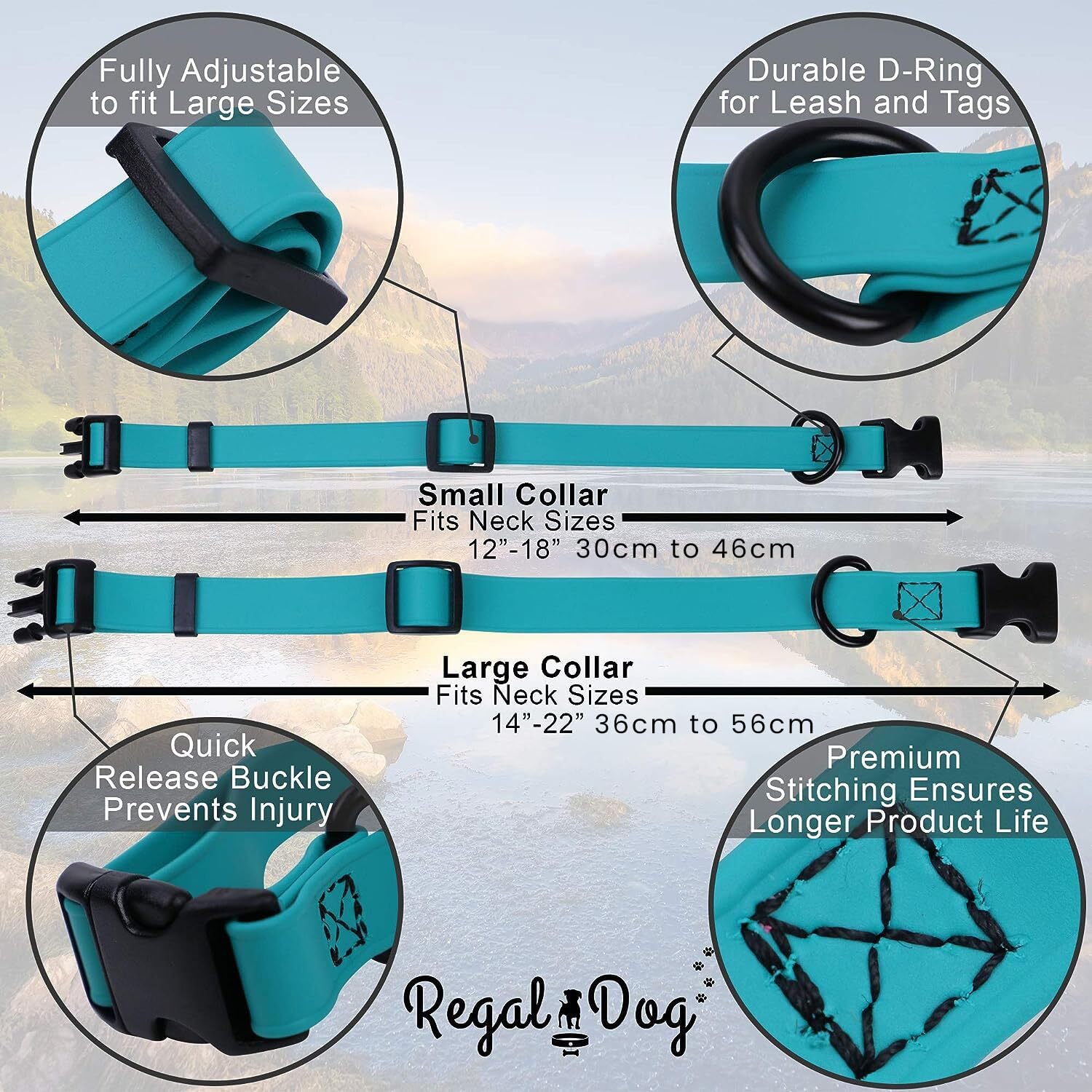 Regal Dog Products Custom Fit Small Teal Waterproof Collar With High Strength Buckle And Heavy Duty Ring – Adjustable -Proof, Waterproof Training Collar For Small Dogs Or Puppy