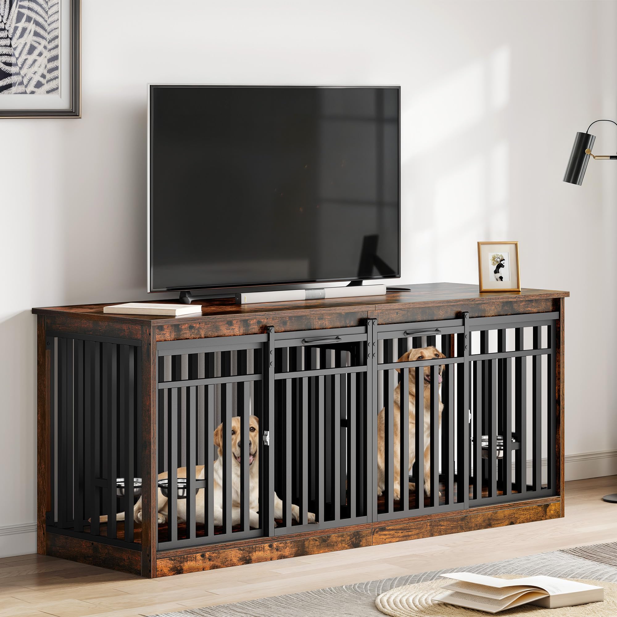 DWVO Double Dog Crate Furniture for 2 Medium Dogs, Heavy Duty Engineered Wood, Rustic Brown, 70.9"L x 23.6"W x 31.5"H, Model