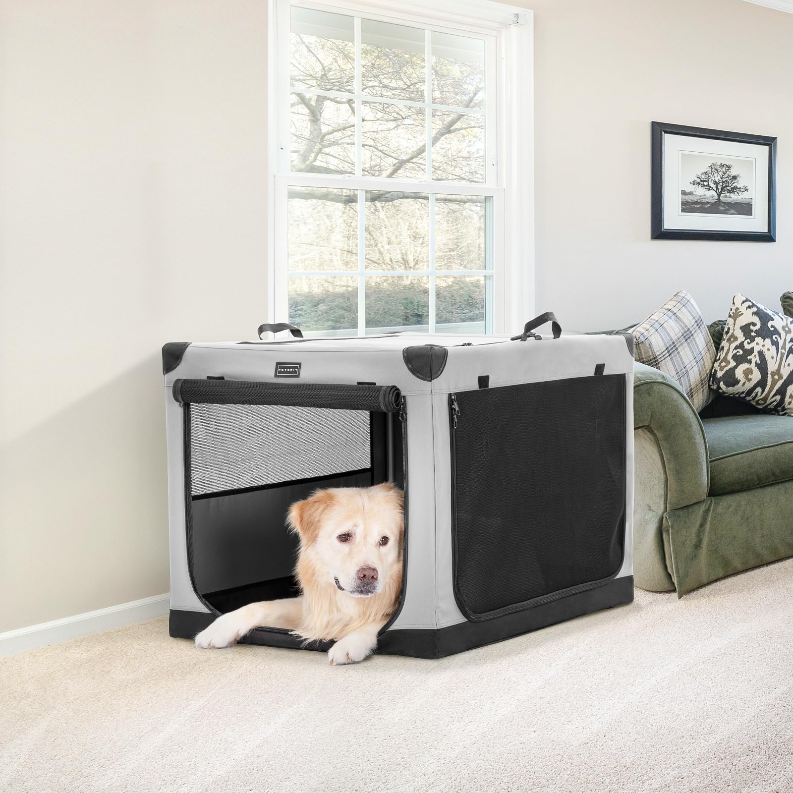PETSFIT Soft Sided Dog Crate, with Patented Adjustable Fabric Cover, Chewproof & Lockable Mesh Doors, Waterproof Base Kennel Ind