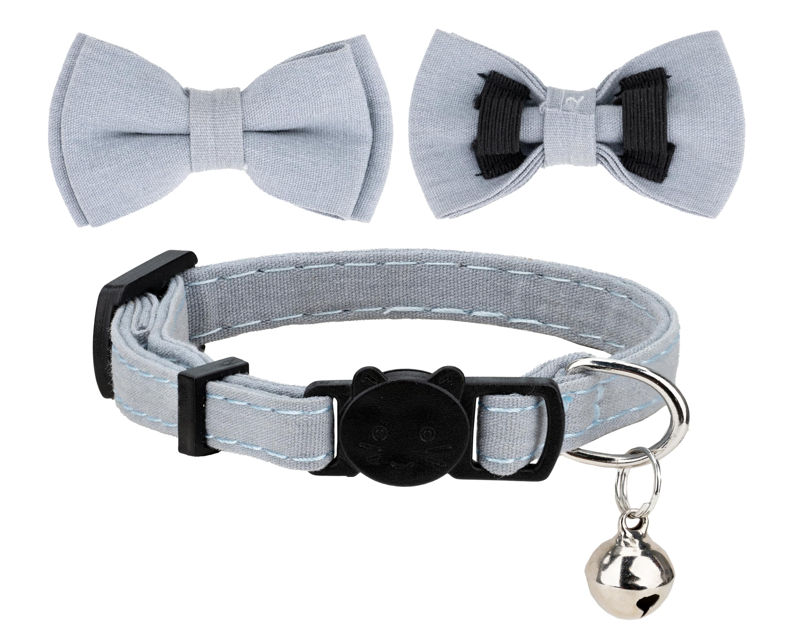 Gyapet Cat Collar Breakaway Bowtie Safety With Bell Adjustbale Kitten Puppy Solid Plaid Color Set D-[2Pcs] Blue Grey