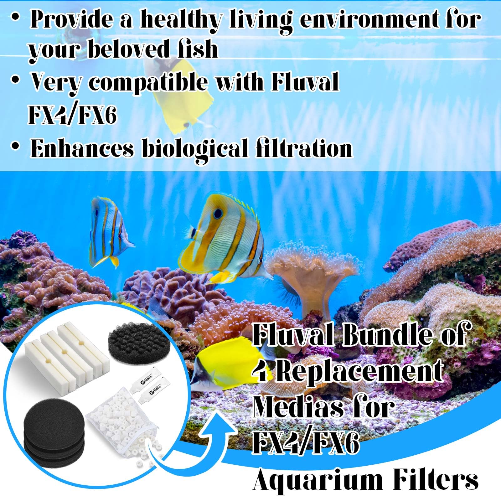 Threlaco Aquarium Filter Media Kit - 24 Pcs Compatible with Fluval Fx4/Fx5/Fx6 - Bio-Sponge Pads, Activated Carbon, Ceramic Rings