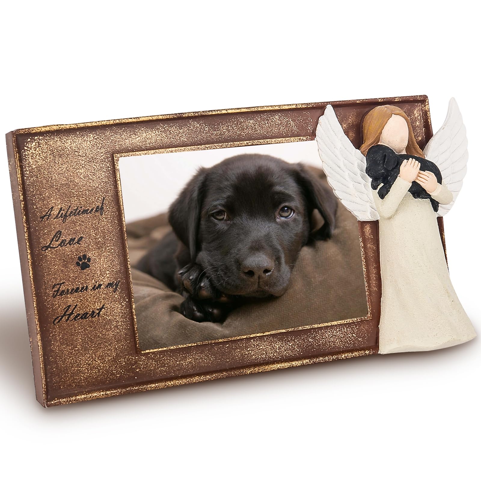 Symbullize Pet Memorial Frame With Guardian Angel Sculpture - Handcrafted Resin 4X3 Inch Photo Display For Dogs & Cats, Memorial