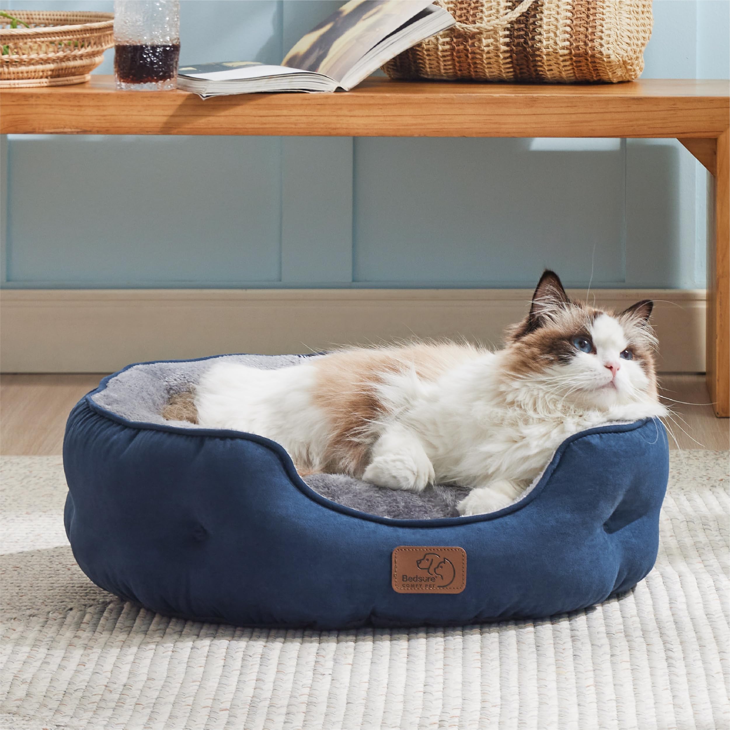 Bedsure Dog Beds For Small Dogs - Round Cat Beds For Indoor Cats, Washable Pet Bed For Puppy And Kitten With Slip-Resistant Bottom, 25 Inches, Navy