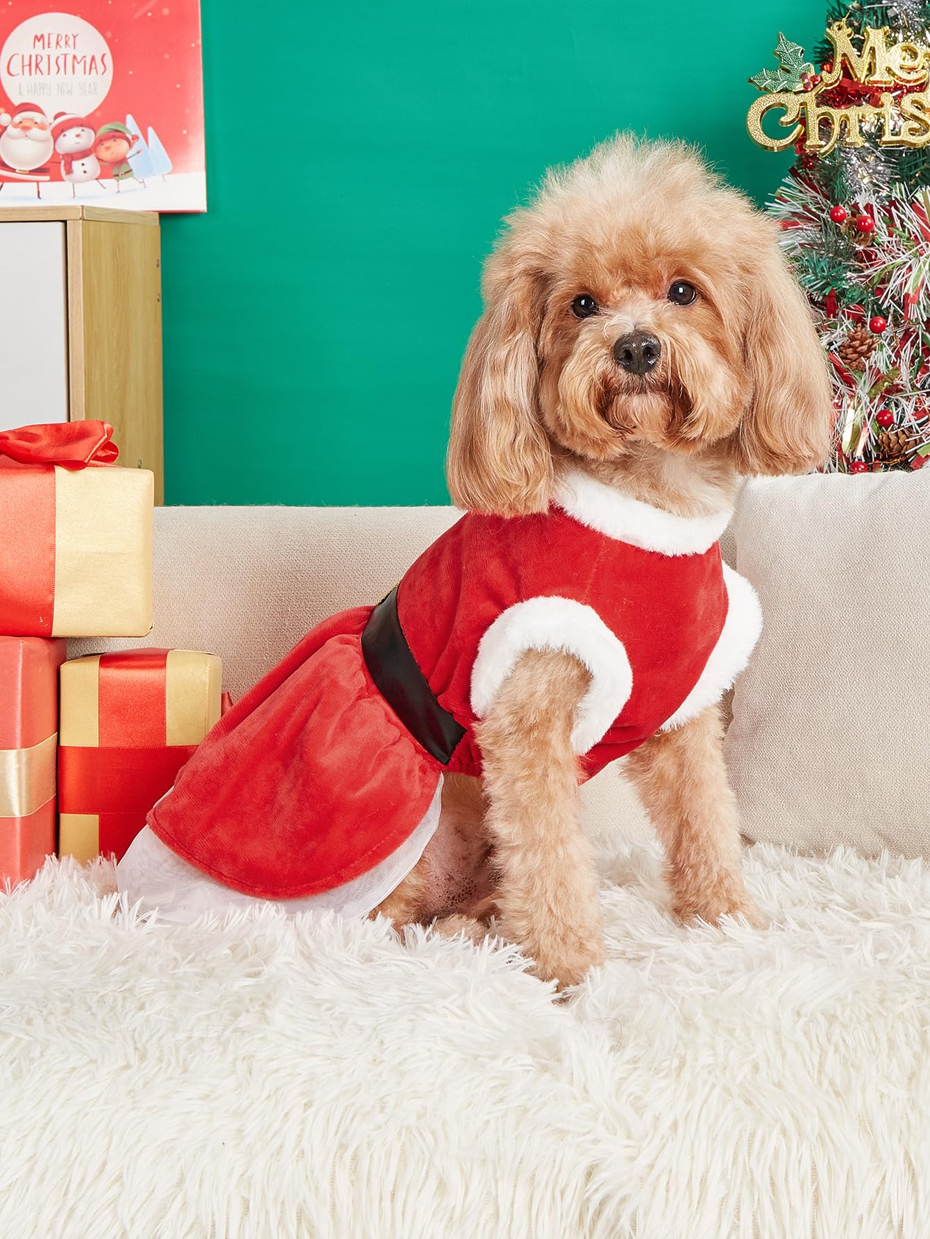 Dog Christmas Dress Santa Costumes: Puppy Girl Dresses Holiday Theme Doggie Xmas Apparel Party Skirts With Belt, Winter Warm Chr