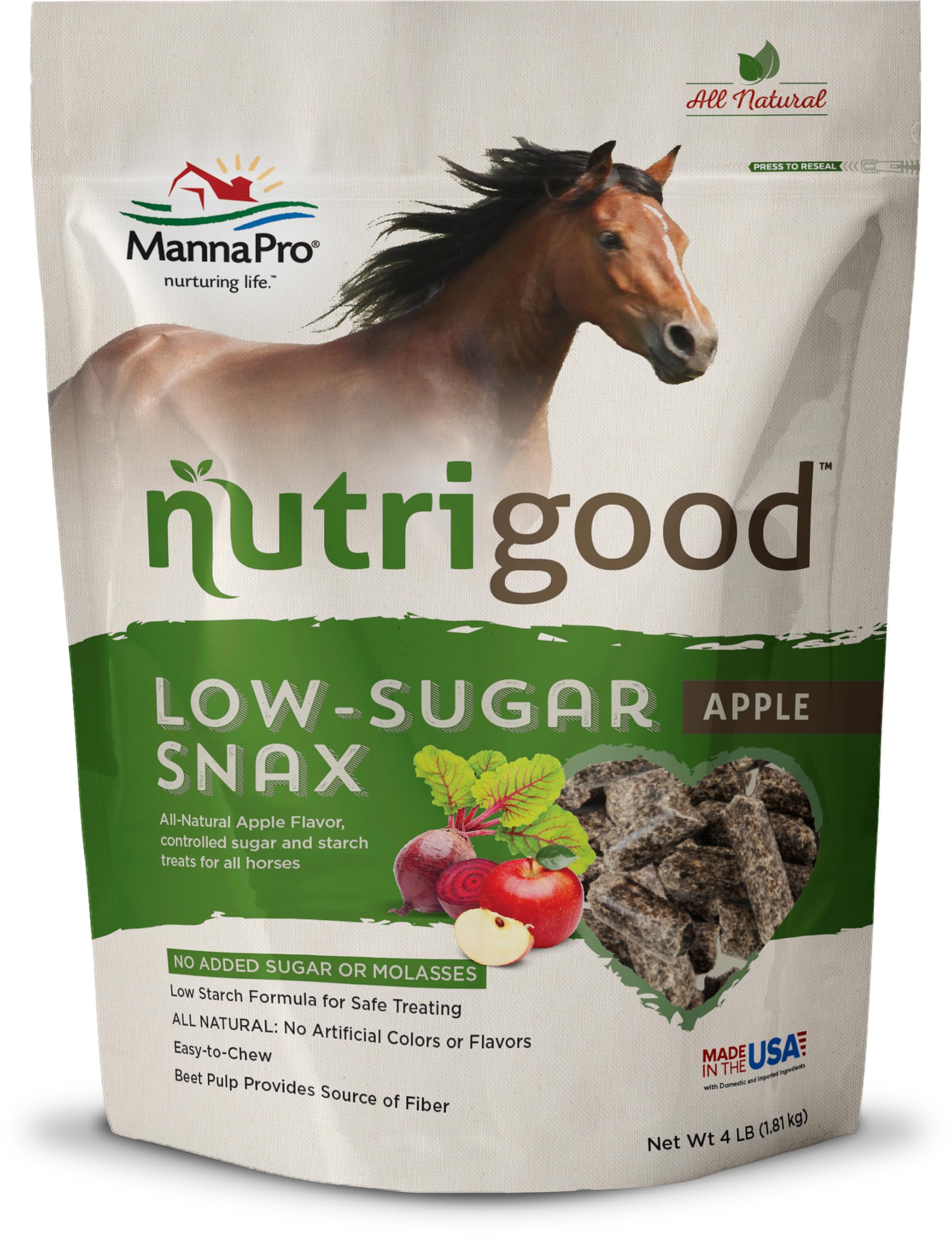 Manna Pro Nutrigood Low-Sugar Snax for Horses, Apple Flavor Horse Treats, 4 lbs