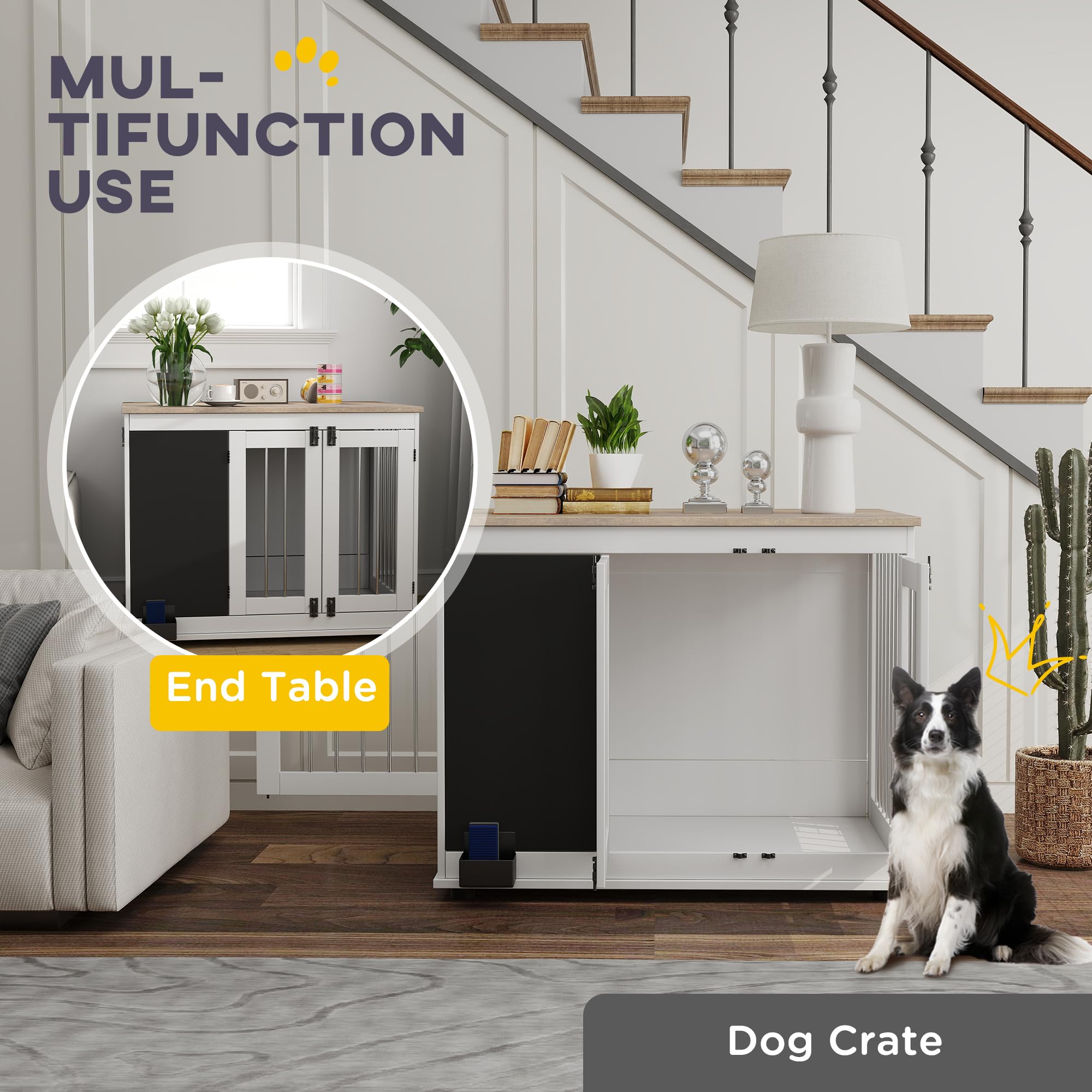 PawHut 39 Furniture Style Dog Kennel with Chalkboard, Dog Crate Furniture with Three Doors & Non-Slip Foot Pads, Dog Cage Furnit
