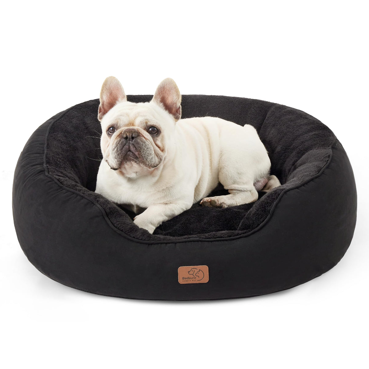 Bedsure Dog Bed For Medium Dogs - Round Washable Medium Pet Bed, Anti-Slip Donut Fluffy Plush Indoor Fur Cat Bed, 30 Inches, Black