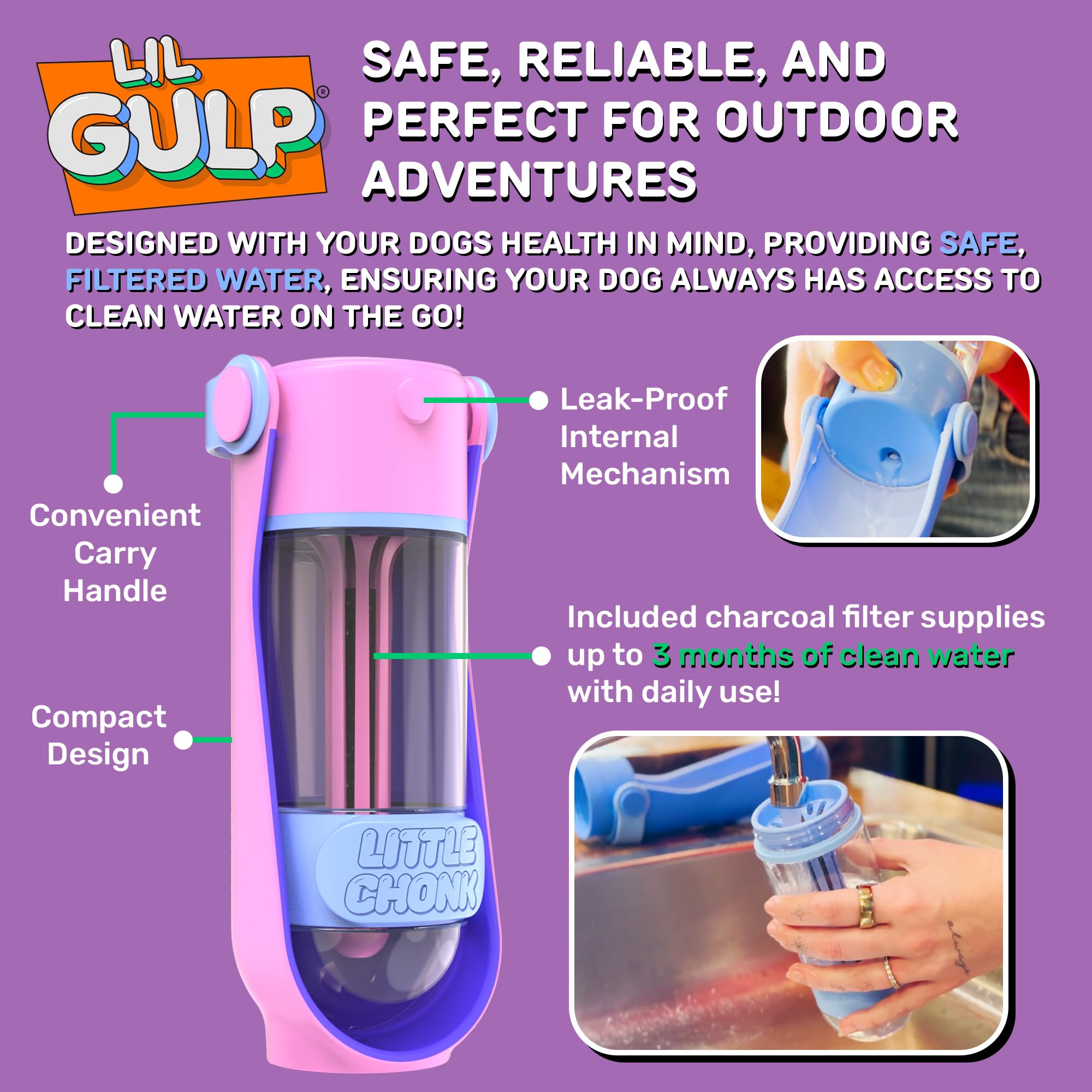 Lil Gulp Dog Water Bottle | Advanced Carbon Filtration For Safe Filtered Water On The Go | Bpa-Free Leak-Proof Portable Dog Trav