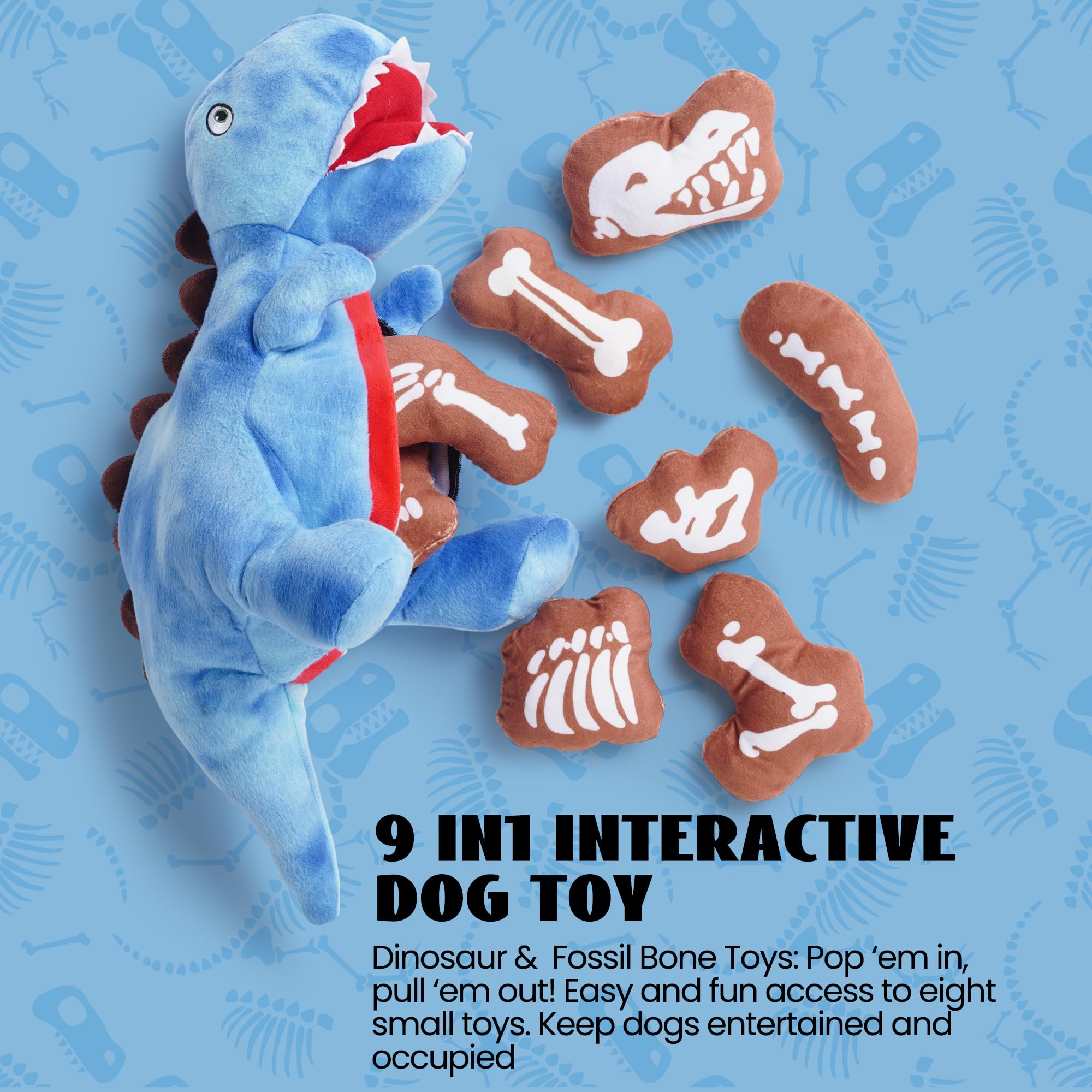 Nocciola Plush Dinosaur Dog Toy - Squeaky Chew Toy for Small/Medium Breeds, 9 Packs, Blue, Model DT-DINO9