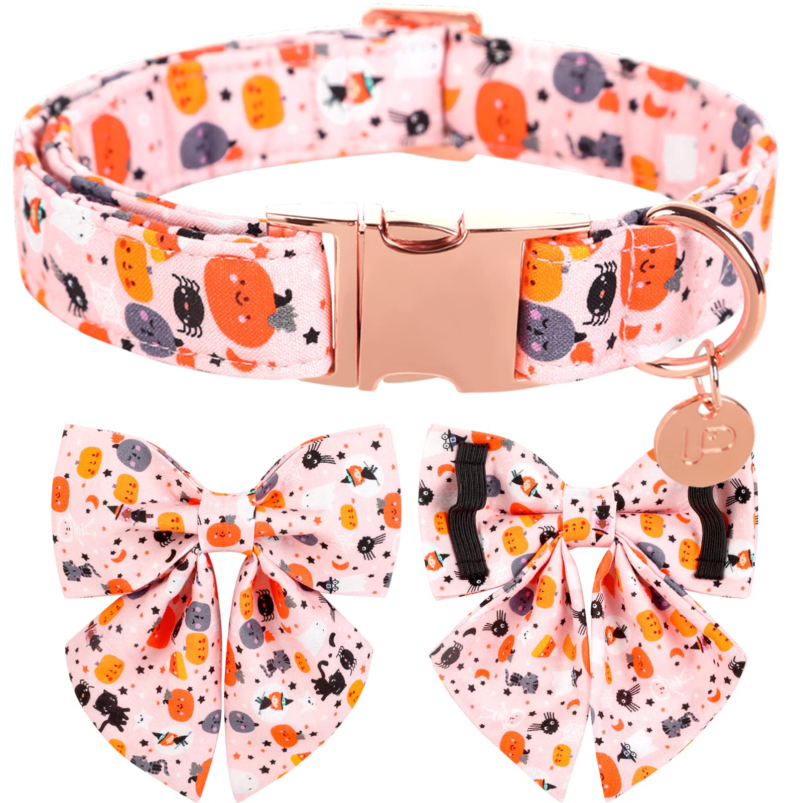 Up Urara Pup Halloween Dog Collar With Bow Tie, Pumpkin Cotton Bowtie Collar For Medium Girl Dog, Halloween Bowtie Collar With Durable Metal Buckle, Adorable Pet Bow Collar, M, Neck 13.5-22In