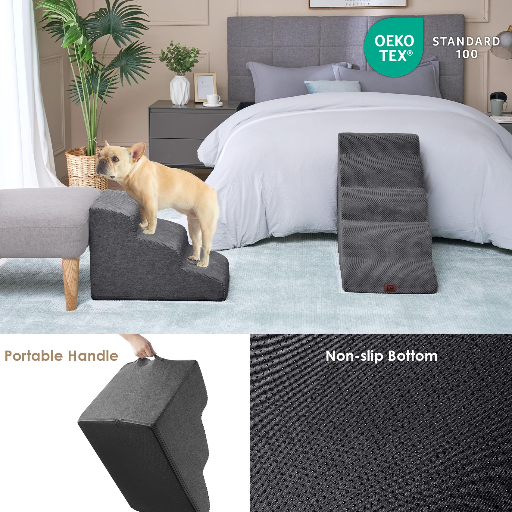 Eheyciga Curved Dog Stairs Ramp For Small Dogs 15.7' H, 3-Step Dog Steps For Couch Sofa And Chair, Pet Stairs For Cats, Non-Slip Balanced Pet Steps Indoor, Grey