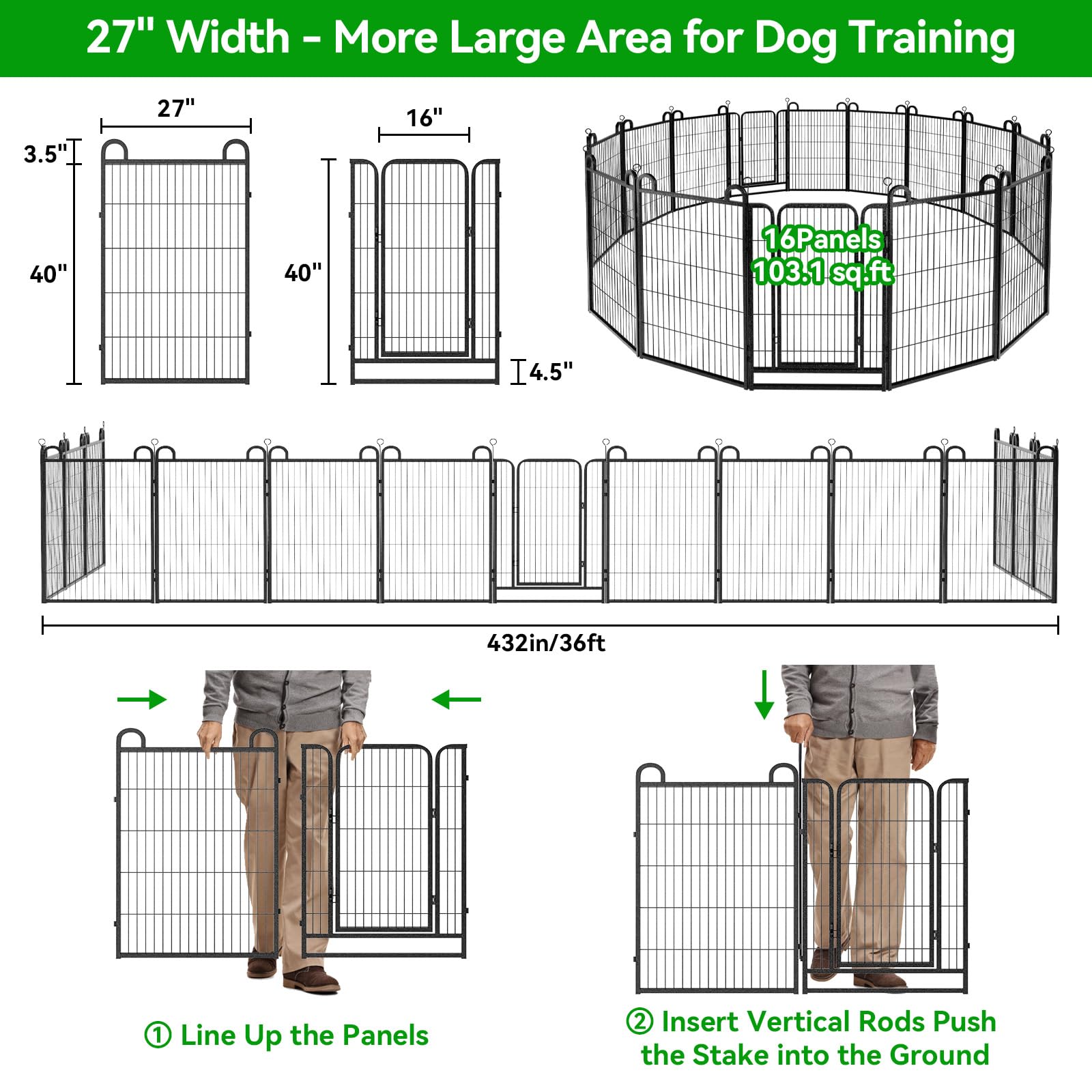 Dog Playpen Outdoor 16 Panels Heavy Duty Dog Fence 40'' Height Anti-Rust With Doors Portable For Rv Camping Yard, Total 36Ft, 10