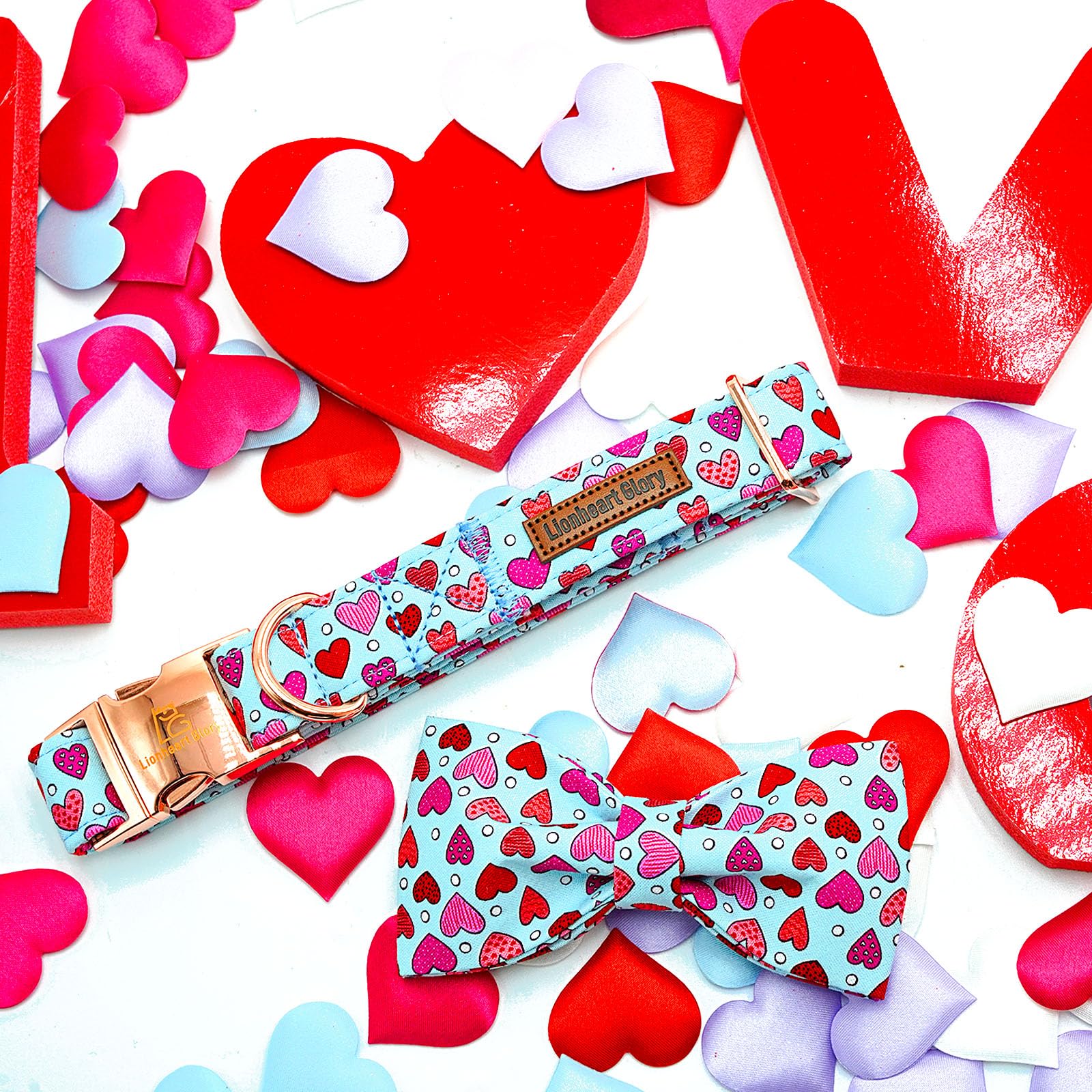 Lionheart Glory Valentine'S Day Dog Collar - X-Large Red Hearts Print With Bowtie