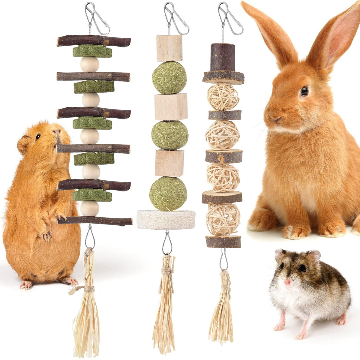 Bissap 3Pcs Bunny Chew Toys, Natural Hanging Rabbit Chew Toy Treats For Guinea Pigs Hamsters Gerbils Chinchilla And Other Small Pets For Teeth Grinding