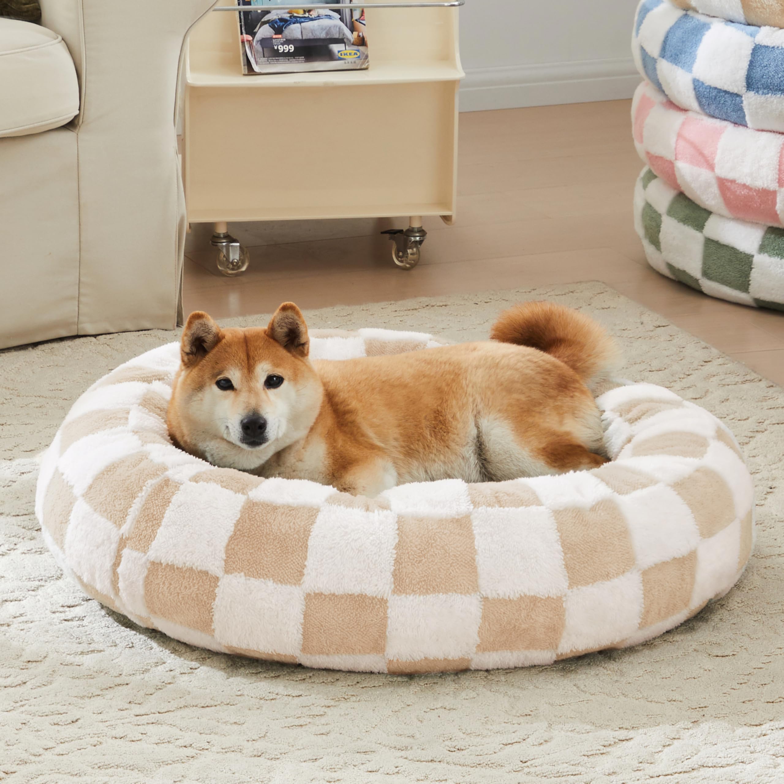 Ohocut Checkered Dog Bed, Cute Beige Khaki Retro Style Aesthetic Round Warming Pet Calming Beds For Small Dog And Cats, Plush Co