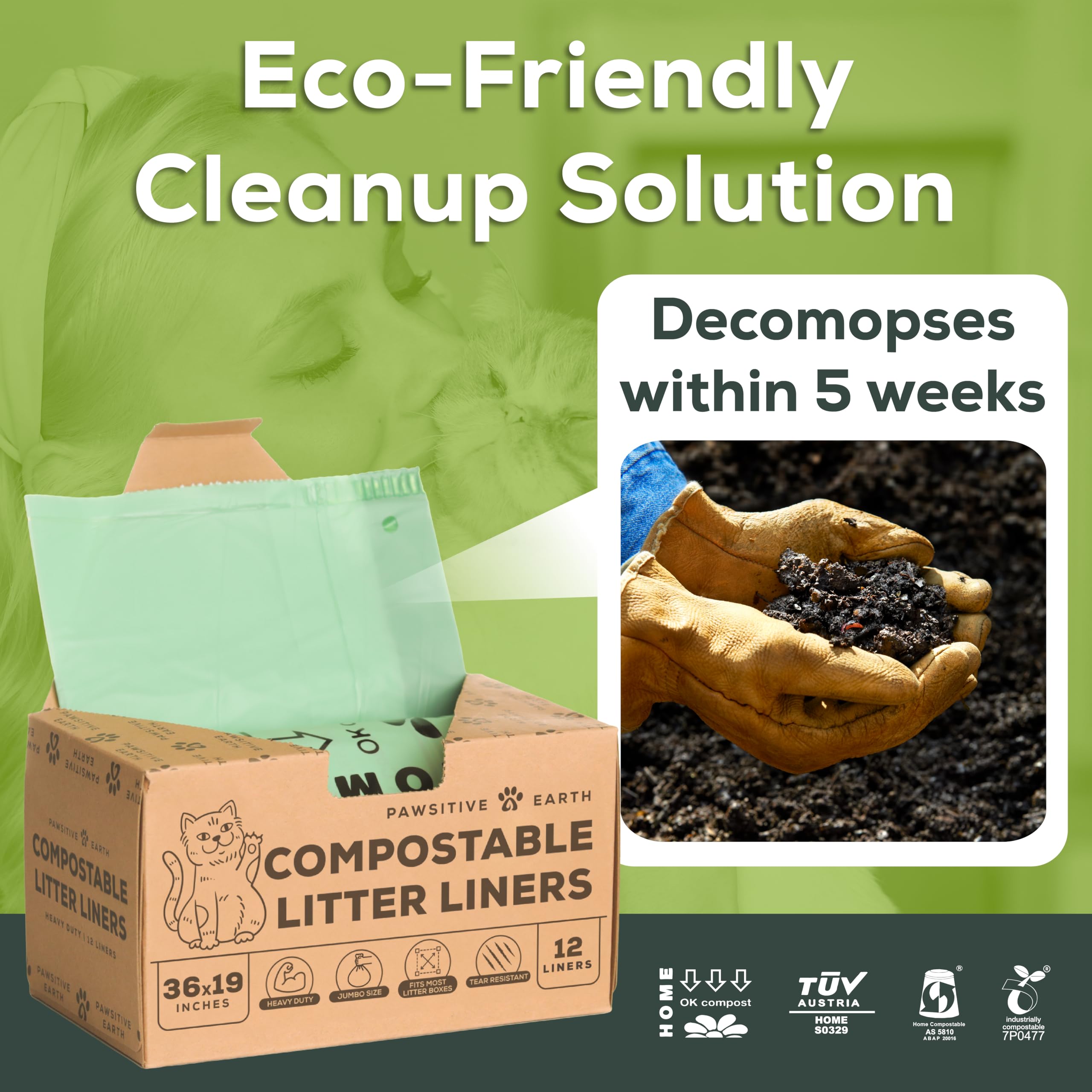 Cat Litter Box Liners 100% Compostable - Drawstring Close - 12 Count - Jumbo Size 36'' X 19'' - Tear & Leak Resistant - Ok Compo