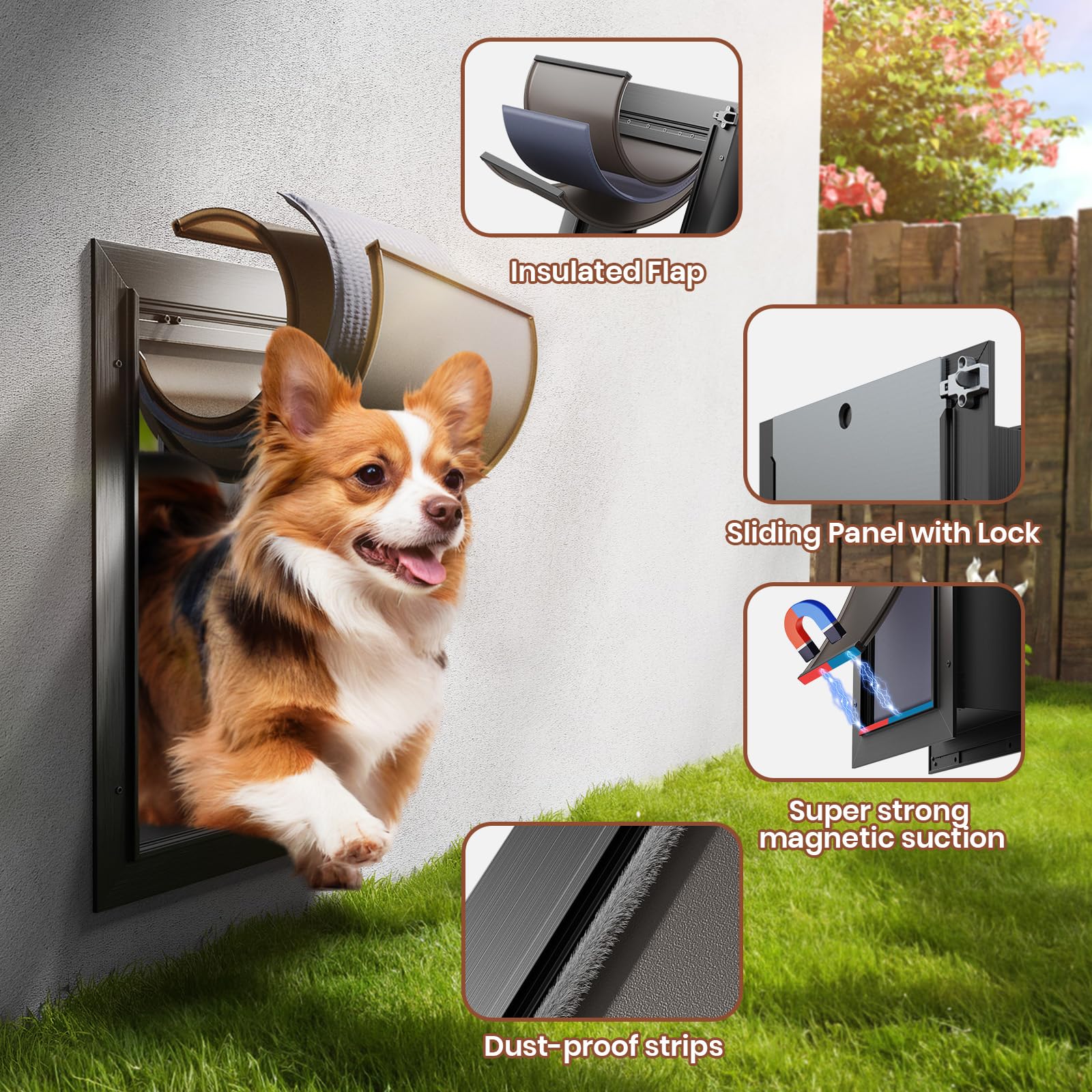 3 Flaps Dog Door, All Aluminum Alloy Doggy Dog Door For Wall, Medium Doggie Door Heavy Duty Pet Door Energy Efficient, Close Pan