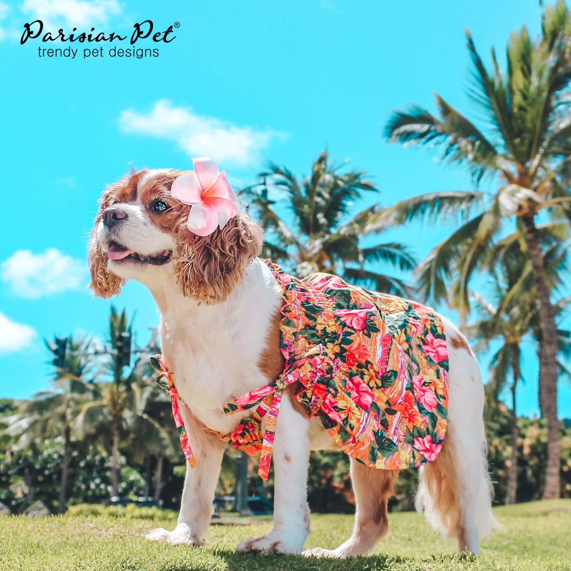 Parisian Pet Hawaiian Dog Dress - Floral Beach Outfit - Breathable Summer Clothes - Pull-Up Straps - Medium Dog Girl Dress