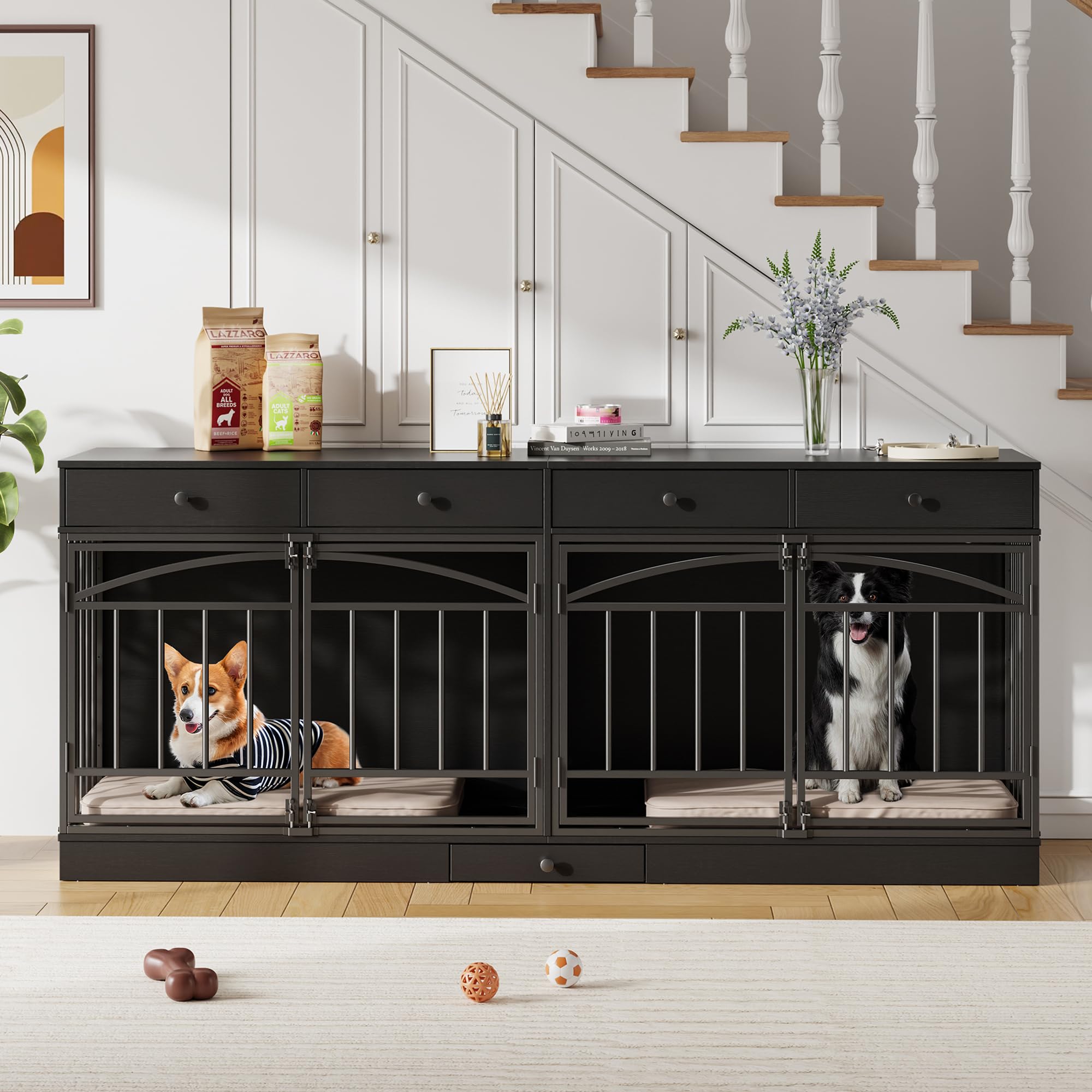 GarveeHome Dog Crate Furniture for 2 Dogs, Dog Kennel Indoor with 4 Storage Drawers and Feeding Bowls, Double Dog Crate TV Stand