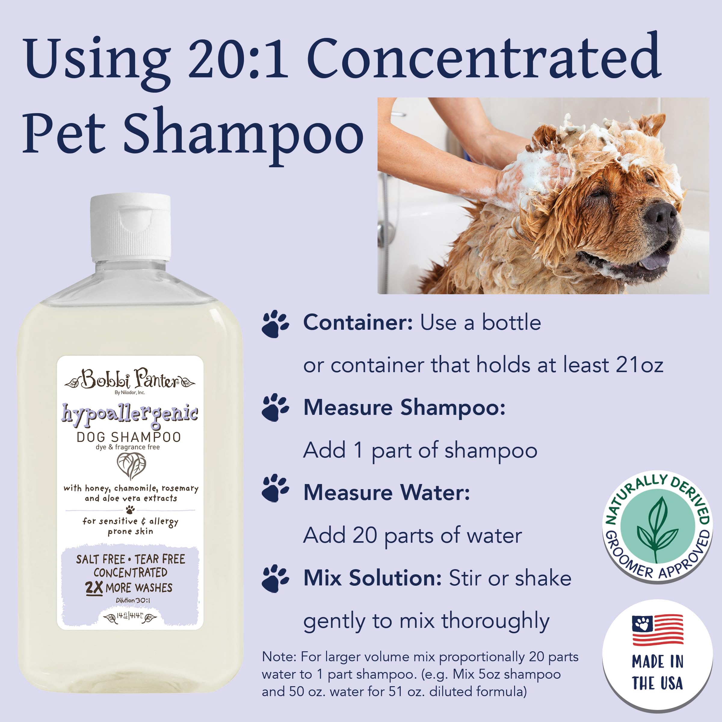 Bobbi Panter Hypoallergenic Dog Shampoo 14 Oz., Dye & Fragrance-Free, Paraben-Free, Ph Balanced, Tear-Free, Aloe Vera & Honey Ex
